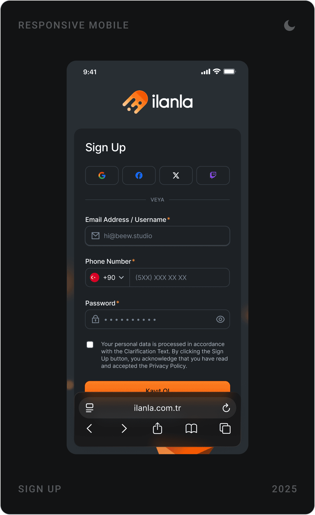 Dark mobile Log In, Sign Up and Reset My Password screens with social login options