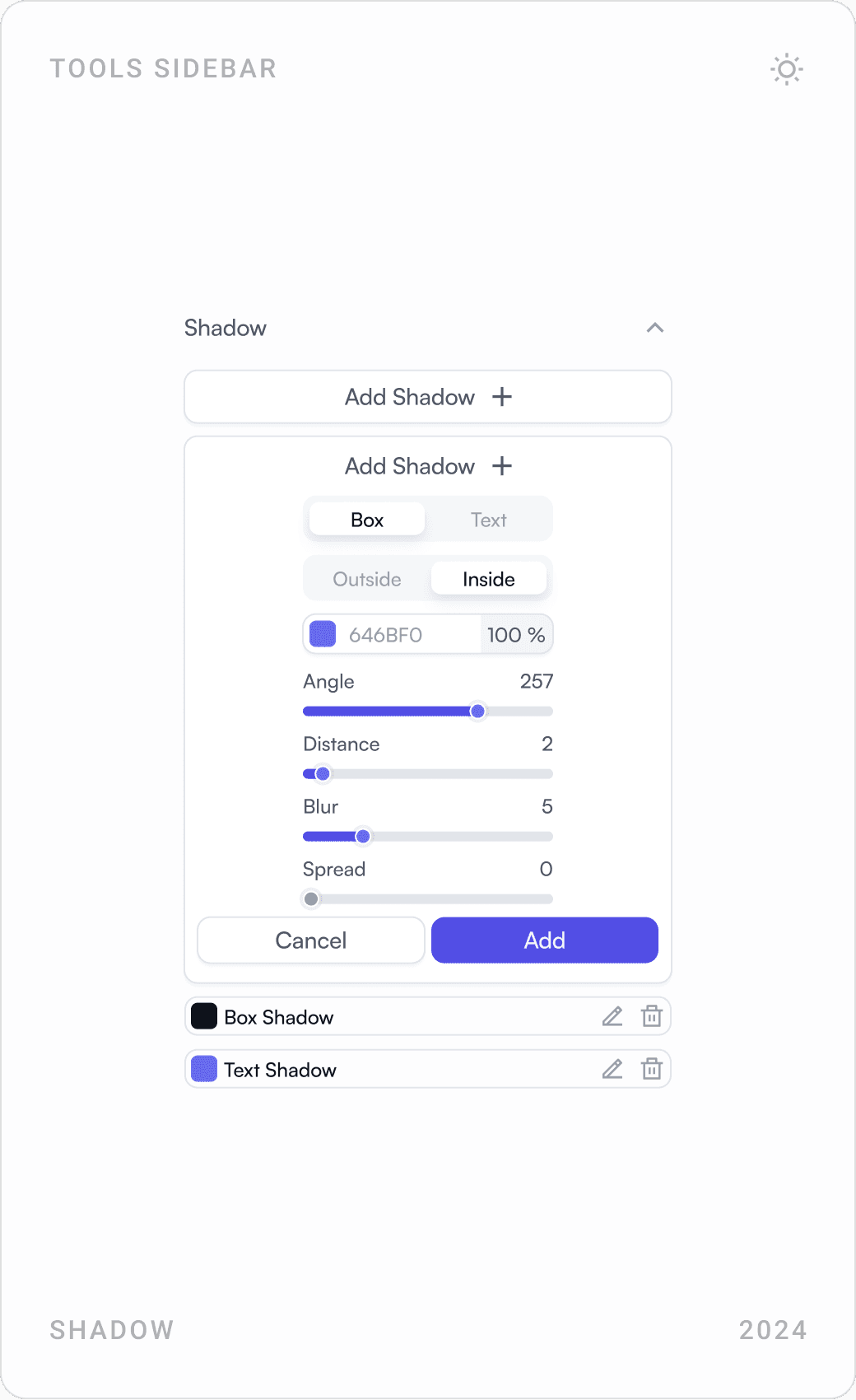 Editor tool panels: typography elements, box and text shadow settings, and containers with rows on a column grid