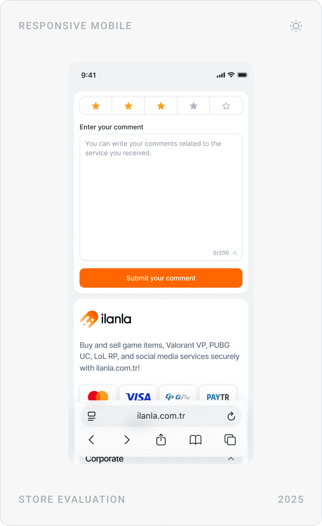 Store evaluation with star rating and comment, Account Settings personal details form, and notification settings