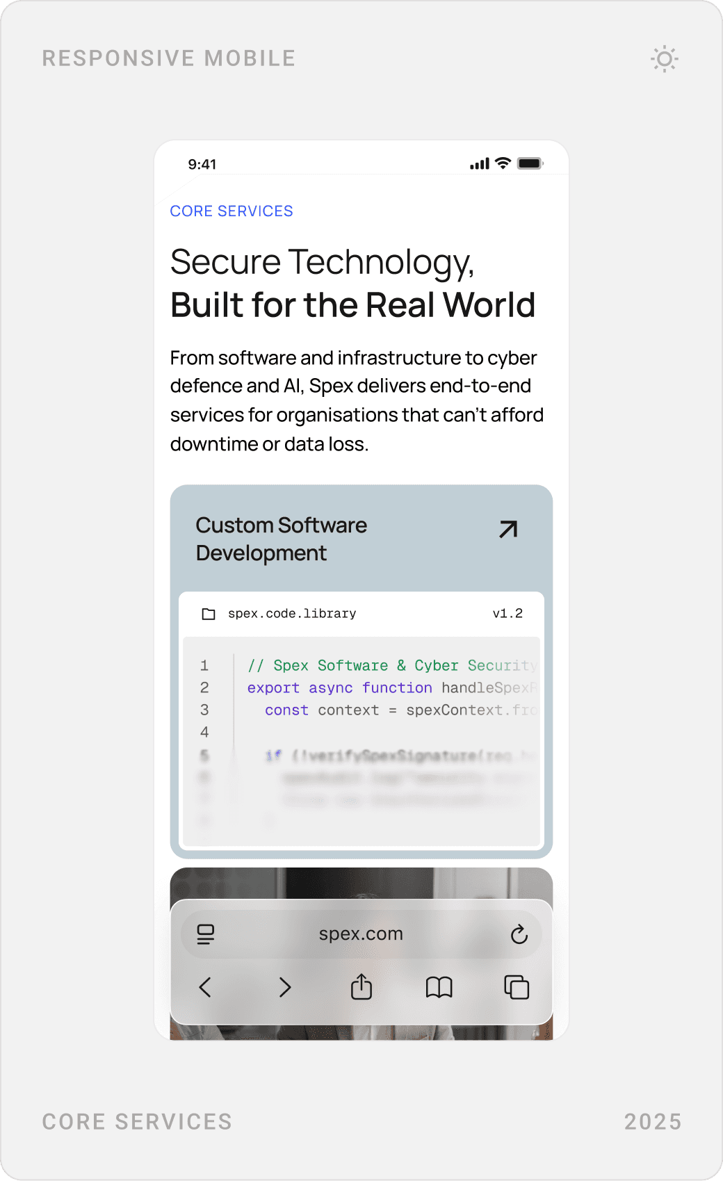 Mobile core services cards with code and cloud visuals, and an in-house products section