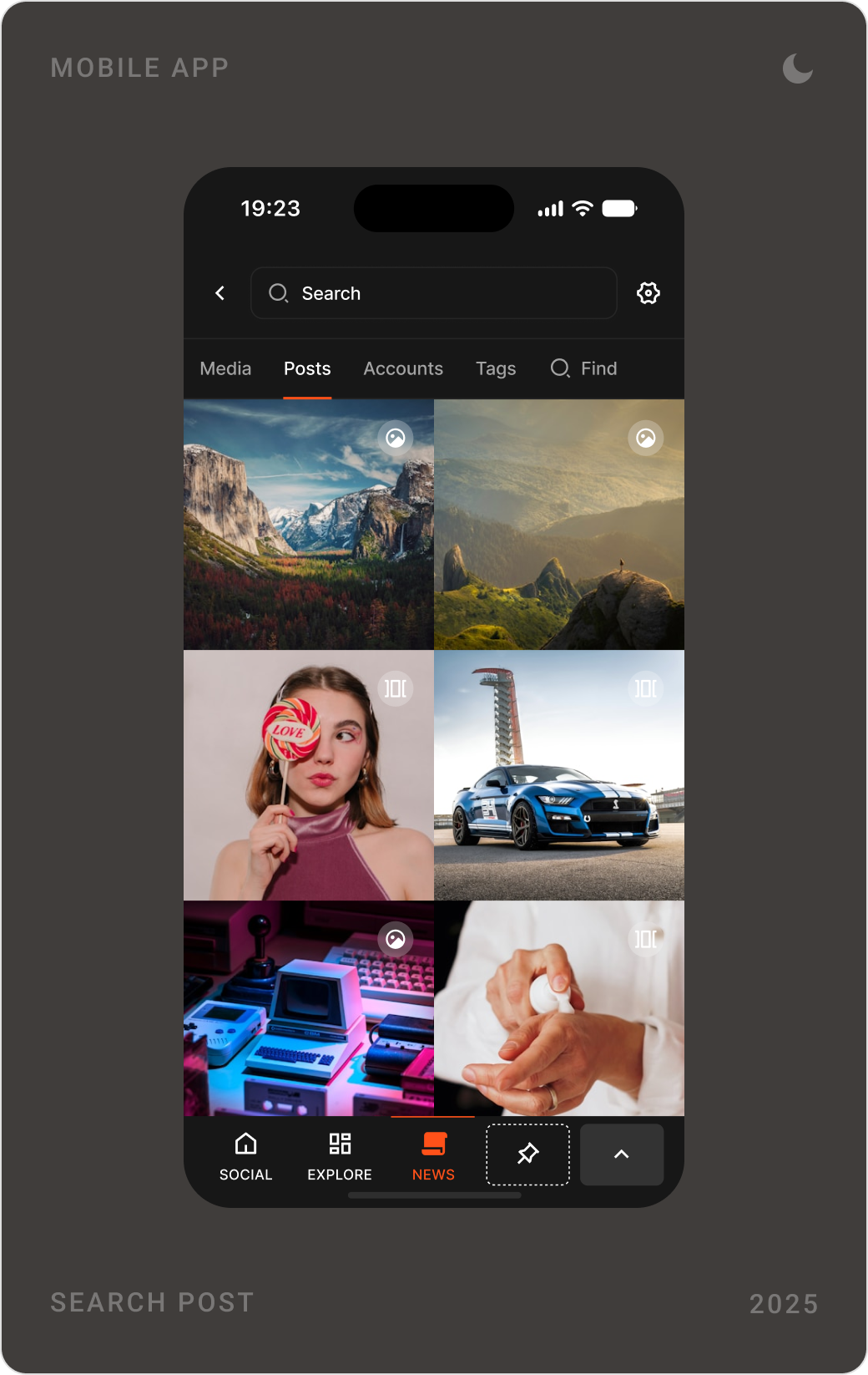 Dark mode search for posts as a photo grid, search for accounts with follow buttons, and a map of people nearby