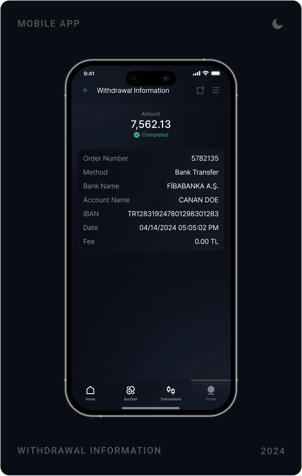 Dark automatic orders screen with market limit, stop loss and take profit, transaction history list, and withdrawal details
