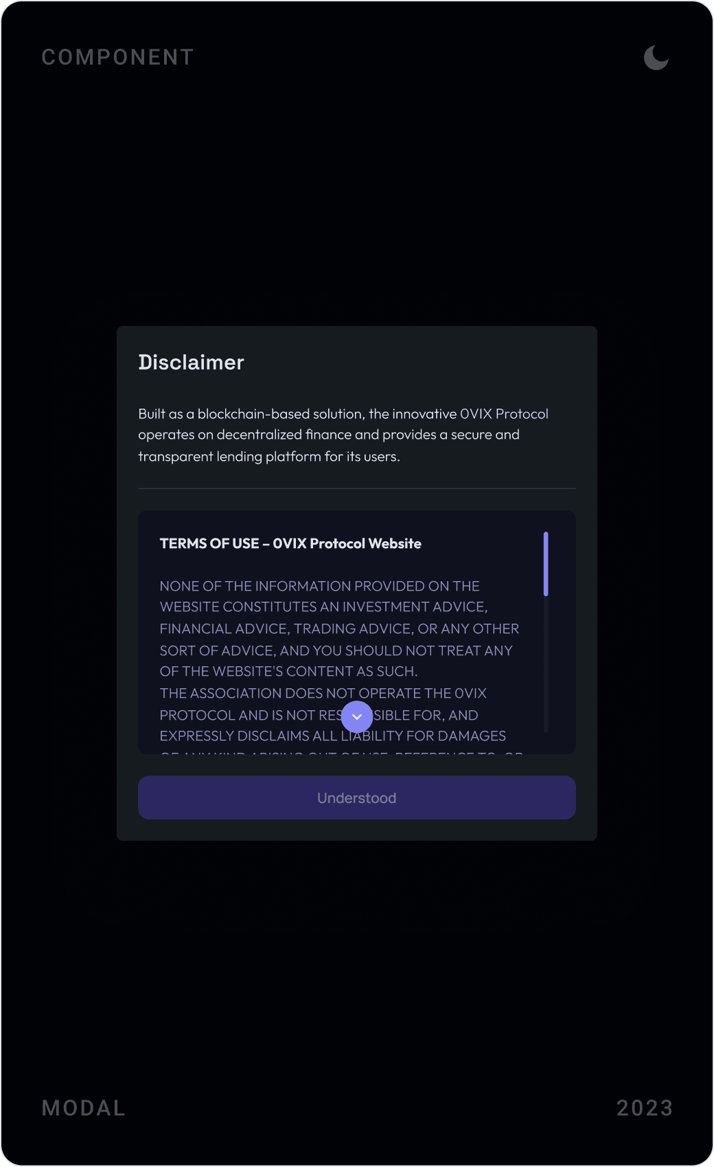 Disclaimer modals: acknowledgement checkbox, scrollable terms of use, and a short version with Leave and OK buttons