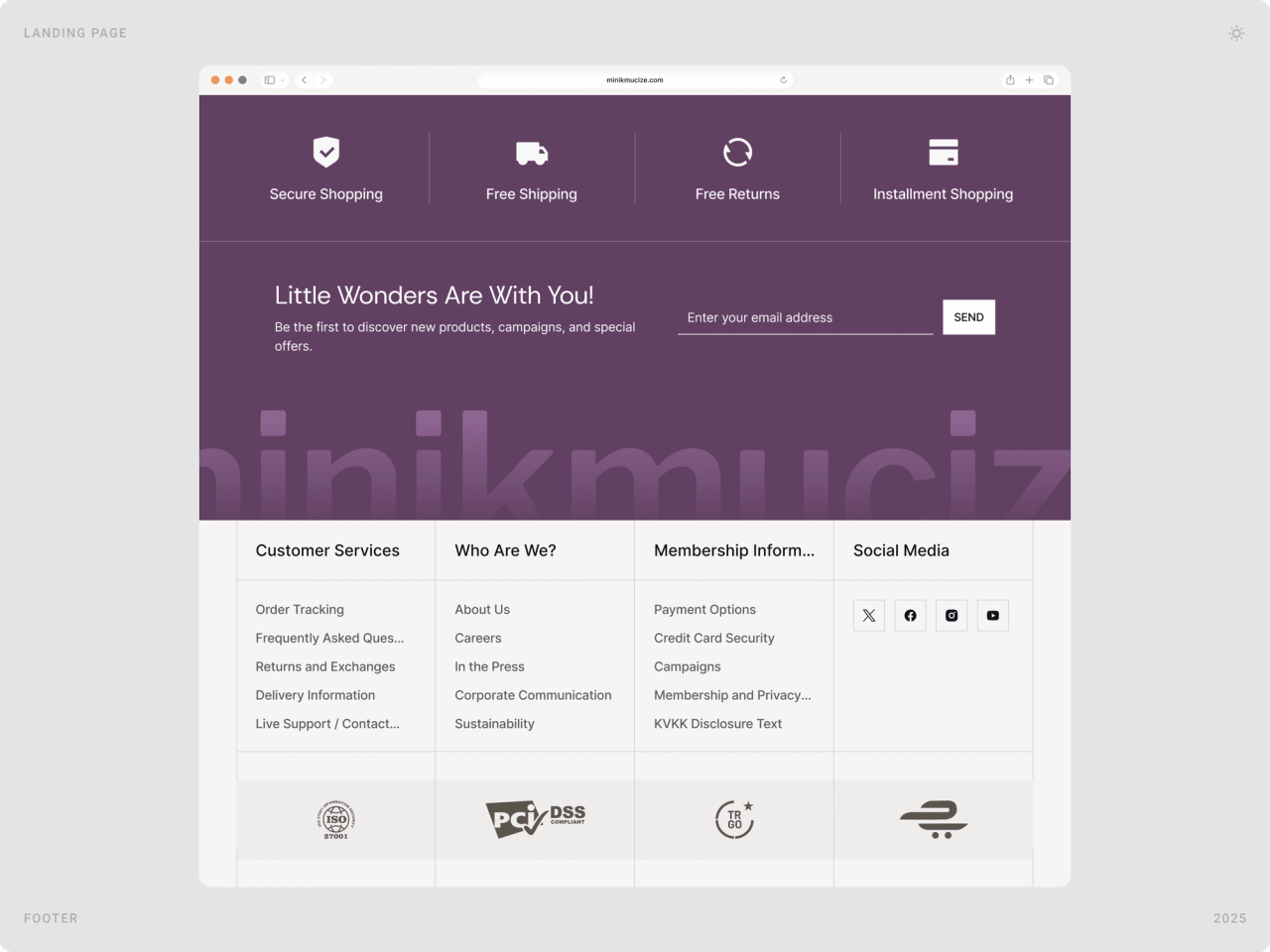 Plum footer with secure shopping, free shipping, free returns and instalment icons, a newsletter form and link columns