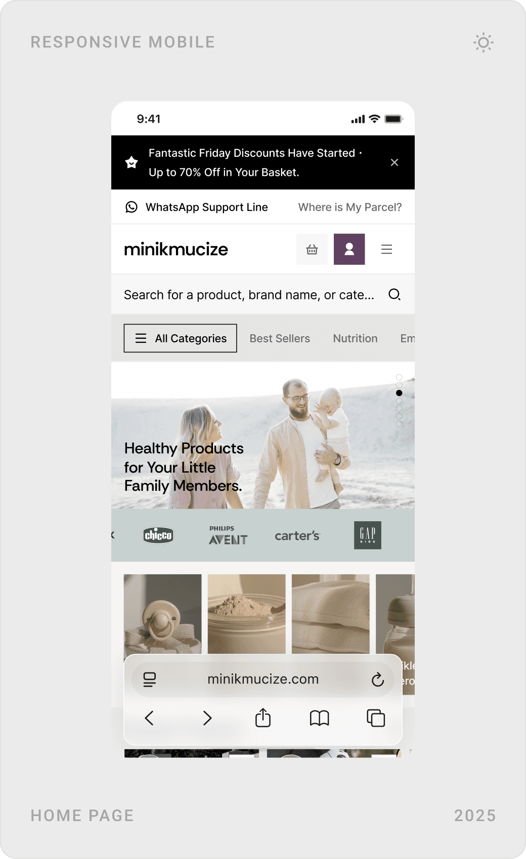 Mobile homepage screens: hero with search and categories, popular products, and unique offers with a countdown