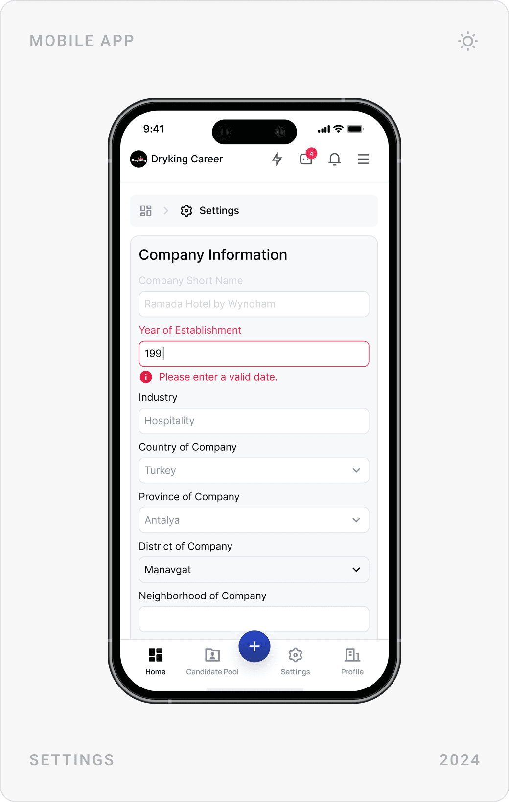 Mobile empty message state, Company Information settings form, and Contact Information with social media fields
