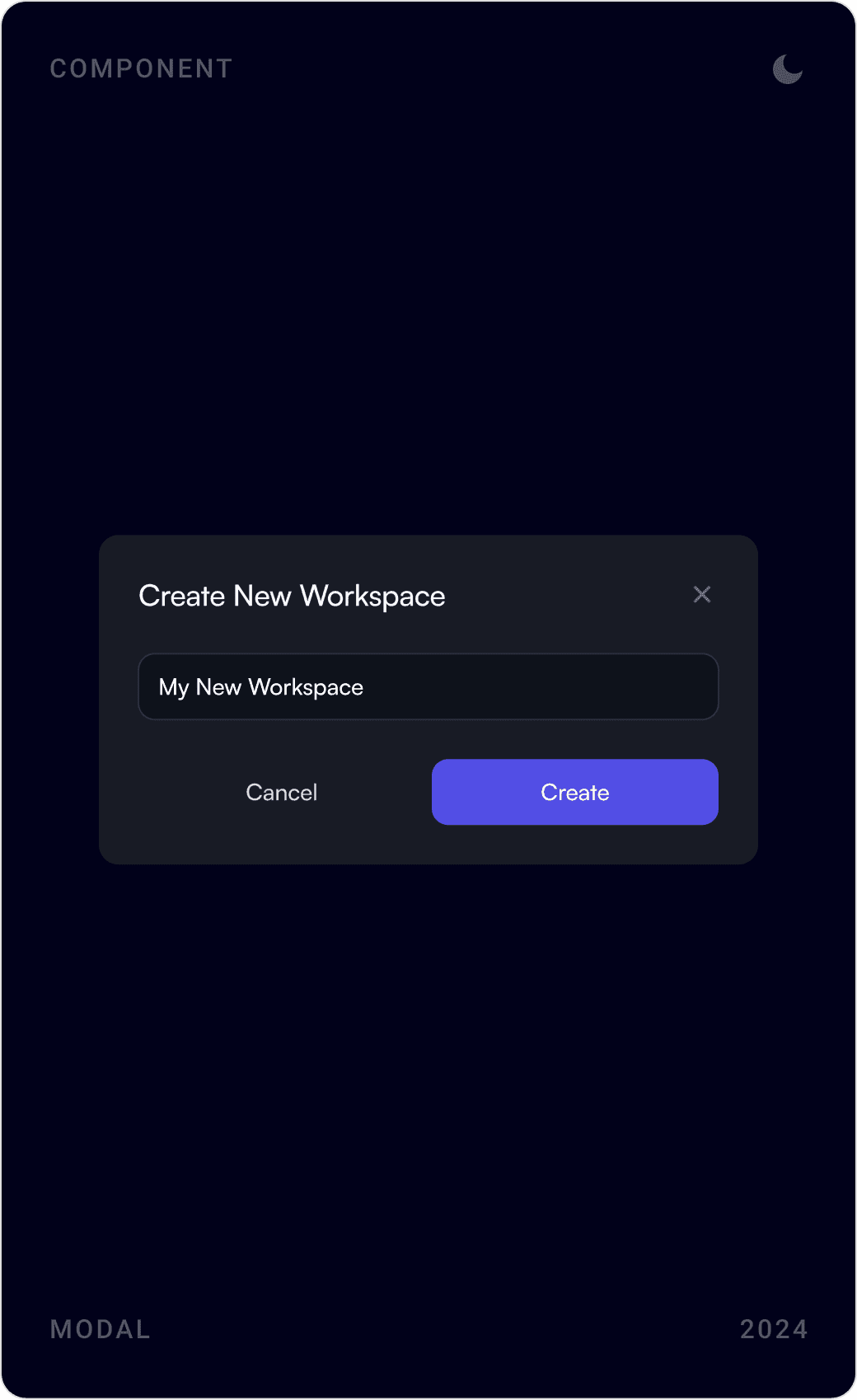 Dark mode modals: create new workspace, project export to zip or FTP server, and delete workspace confirmation