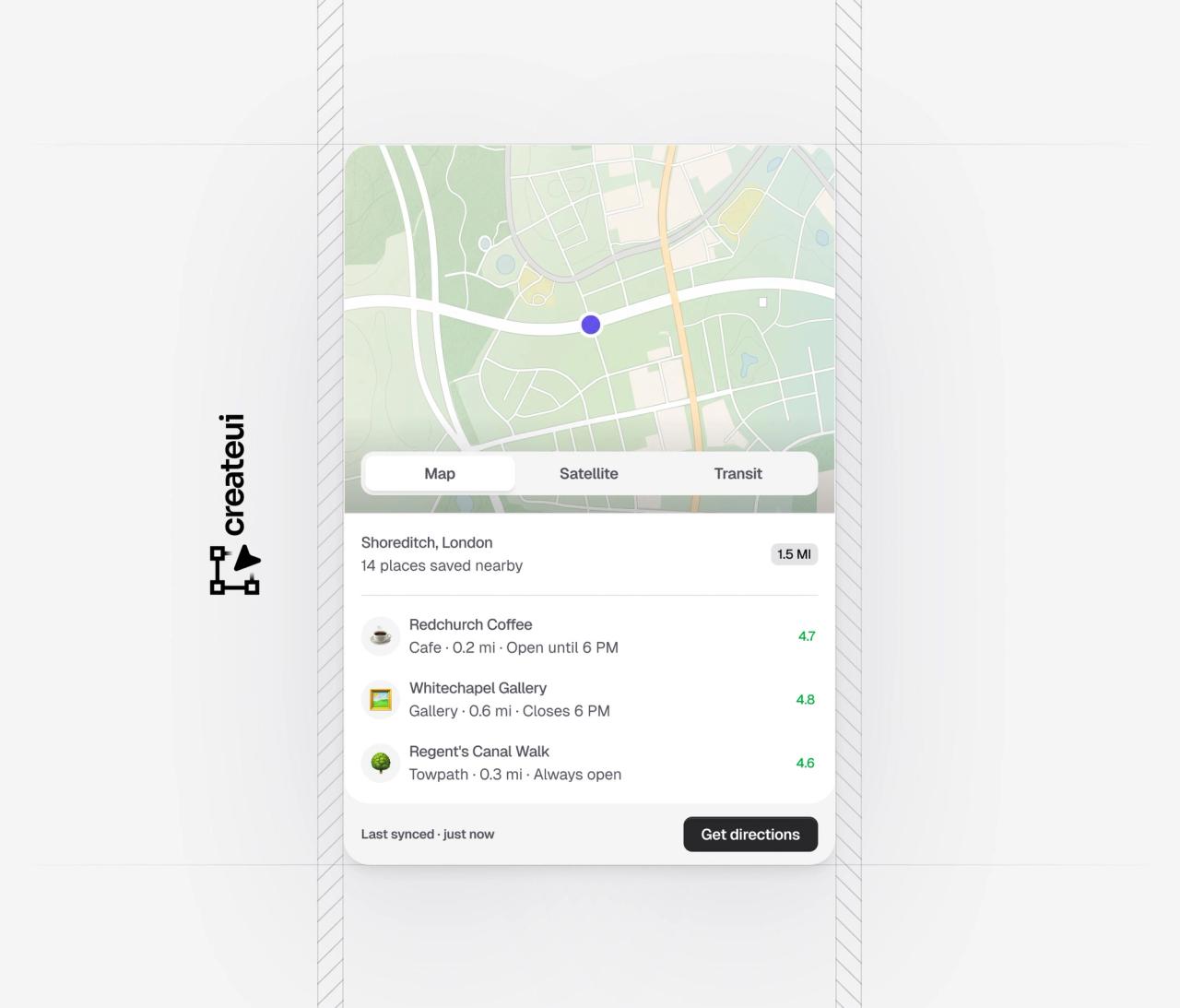 Map block with Map, Satellite and Transit tabs and a list of nearby places, in light and dark