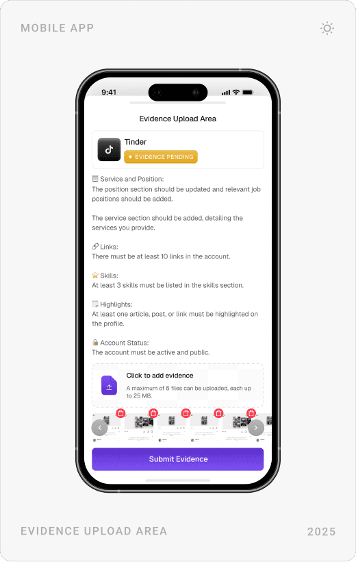 Evidence upload area with task rules, a Games events list with Wild Rift challenges, and an app offer detail page