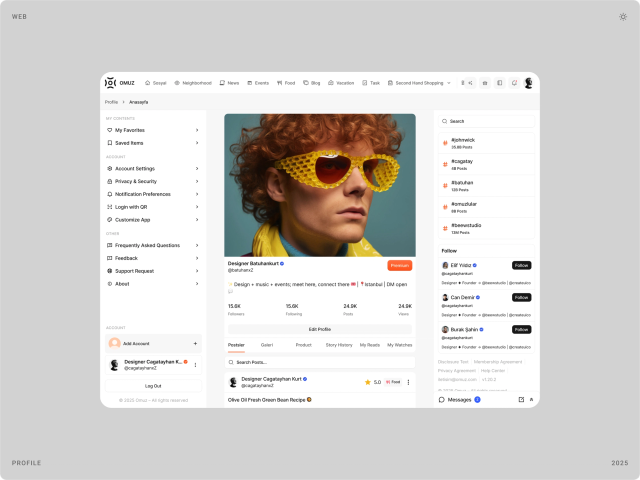 Omuz website profile page with a profile photo, posts, followers and suggested accounts