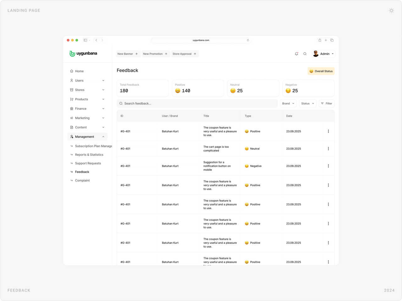 Feedback page with positive, neutral and negative counts and a list of user feedback