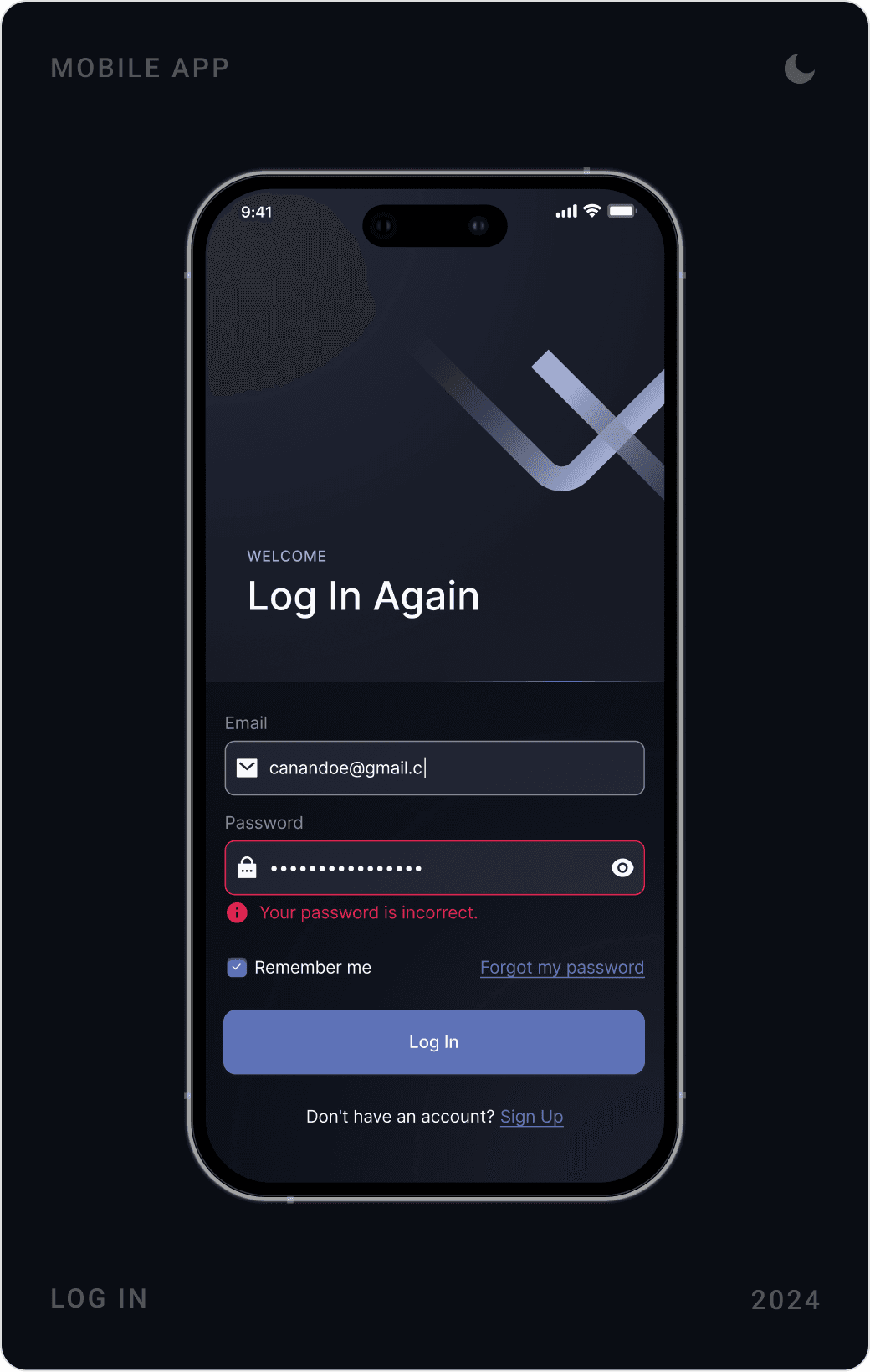 Dark “Log In Again”, “Did you forget your password?” and “Sign Up Now” screens with the Stock X mark
