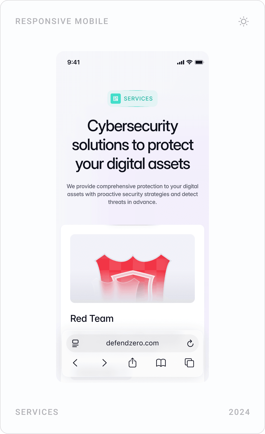 Mobile homepage: dark hero, services intro with Red Team card, and Blue Team and Purple Team cards