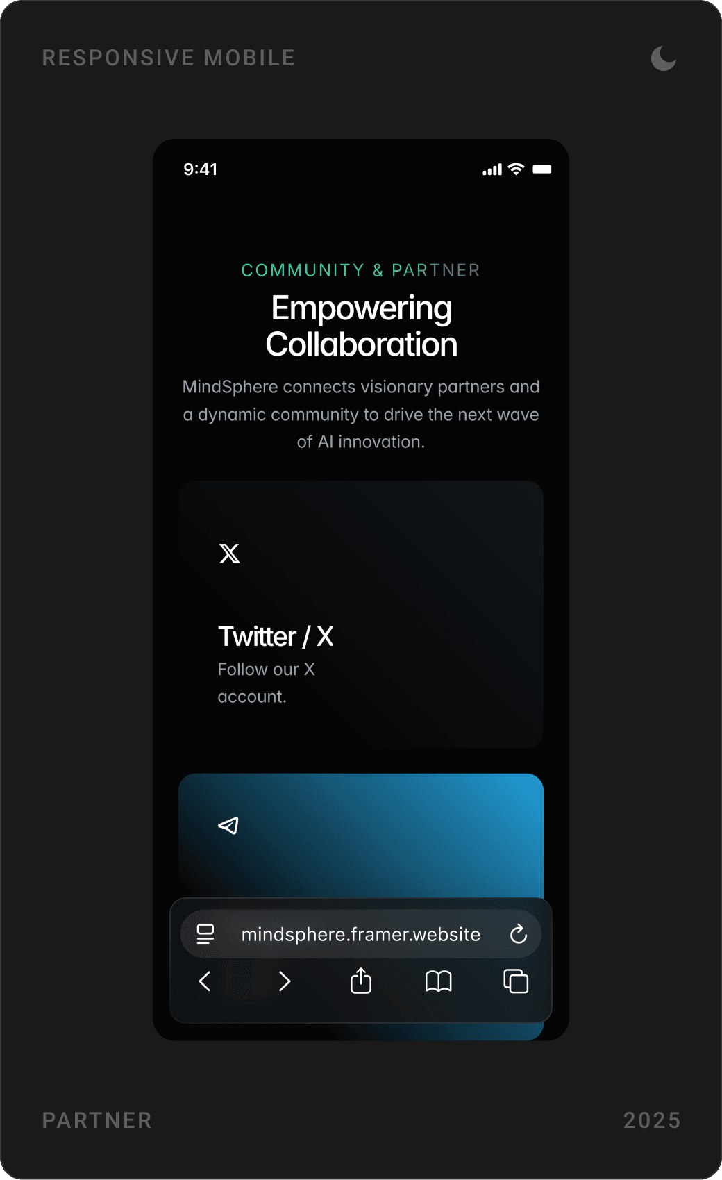 Mobile tokenomics donut chart, token allocation list, and “Empowering Collaboration” community section with Twitter / X card