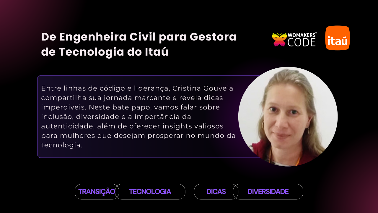 De engenheira civil para Gestora de tecnologia do Itaú: Cristina Gouveia compartilha sua jornada e dicas valiosas para o mundo tech. De engenheira civil para Gestora de tecnologia do Itaú: Cristina Gouveia compartilha sua jornada e dicas valiosas para o mundo tech.