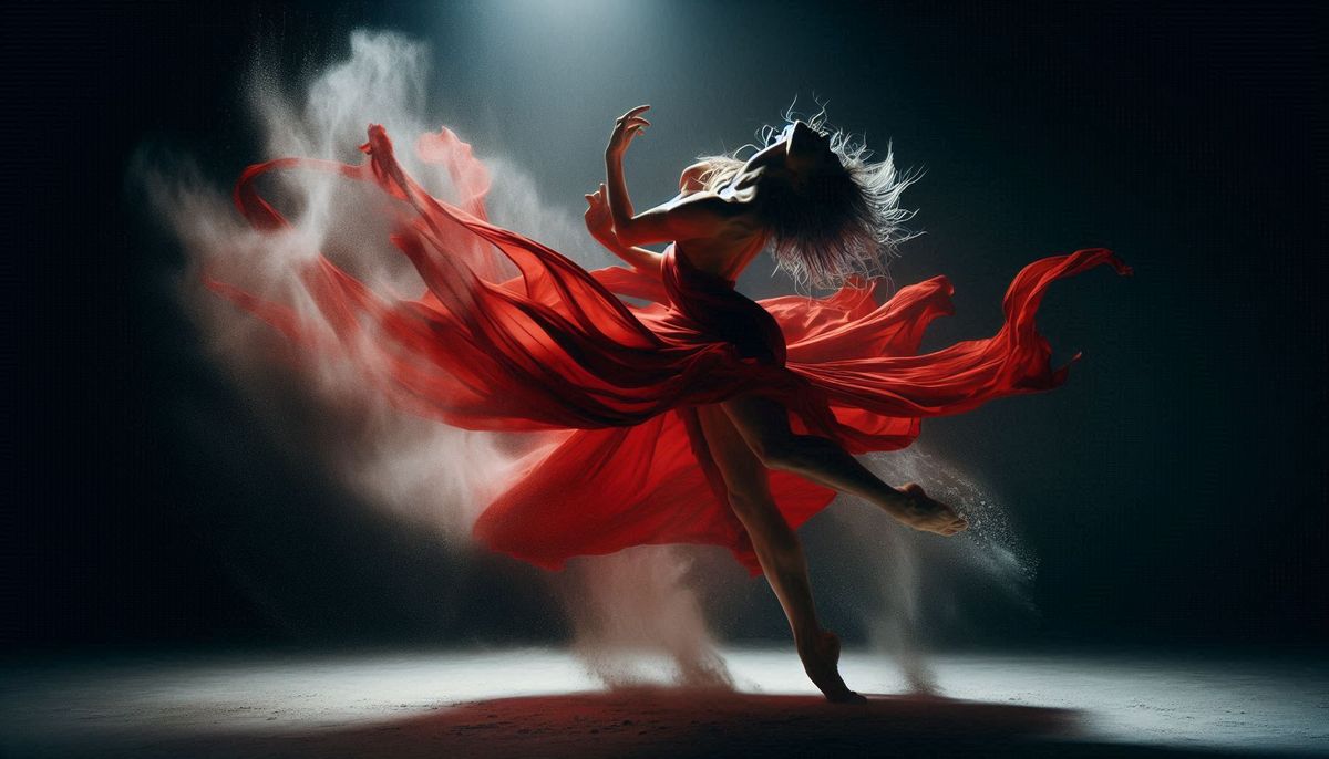 Danseuse contemporaine en mouvement  Capture en plein mouvement d’une danseuse contemporaine, robe en tissu fluide rouge vif virevoltant, muscles tendus visibles, éclairage dramatique sur fond sombre, poussière de craie flottant autour du corps, intensité émotionnelle, rendu cinématographique.