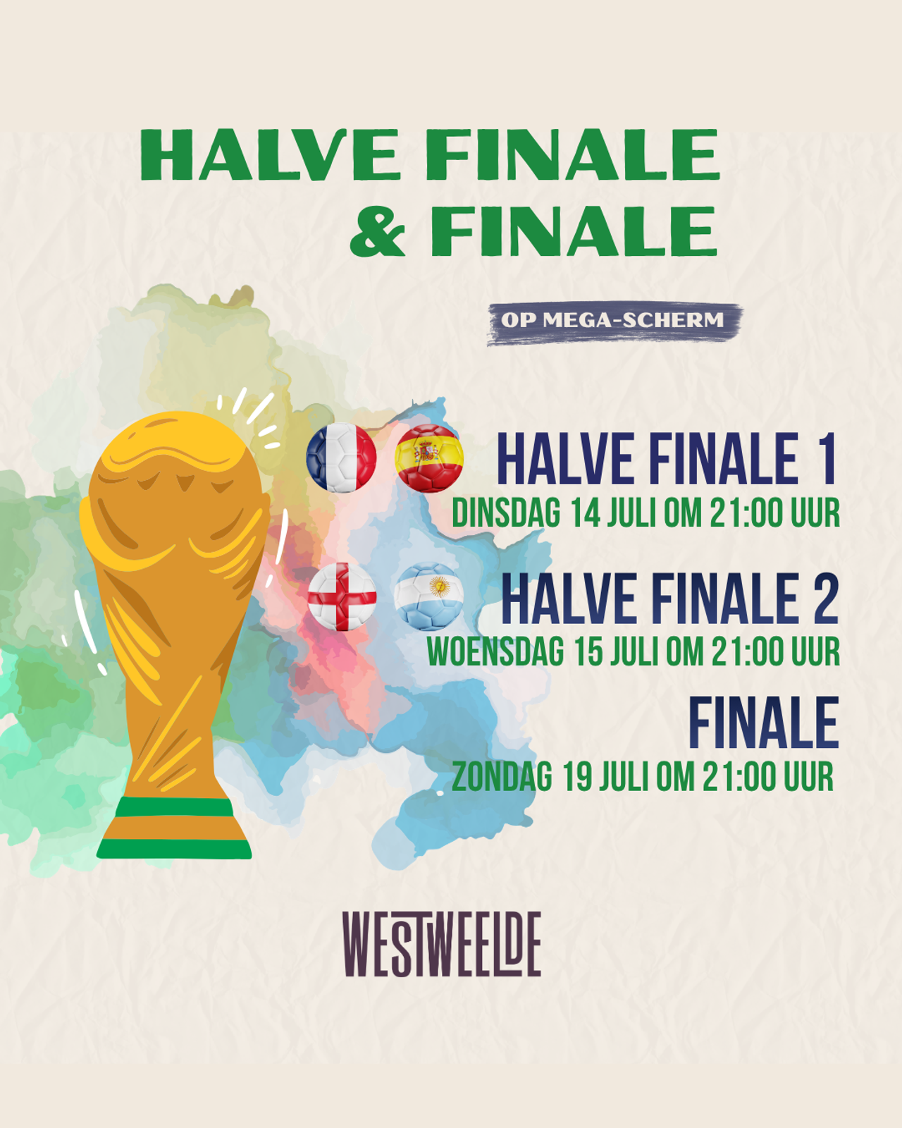 Wk halve finale op megascherm bij WestWeelde