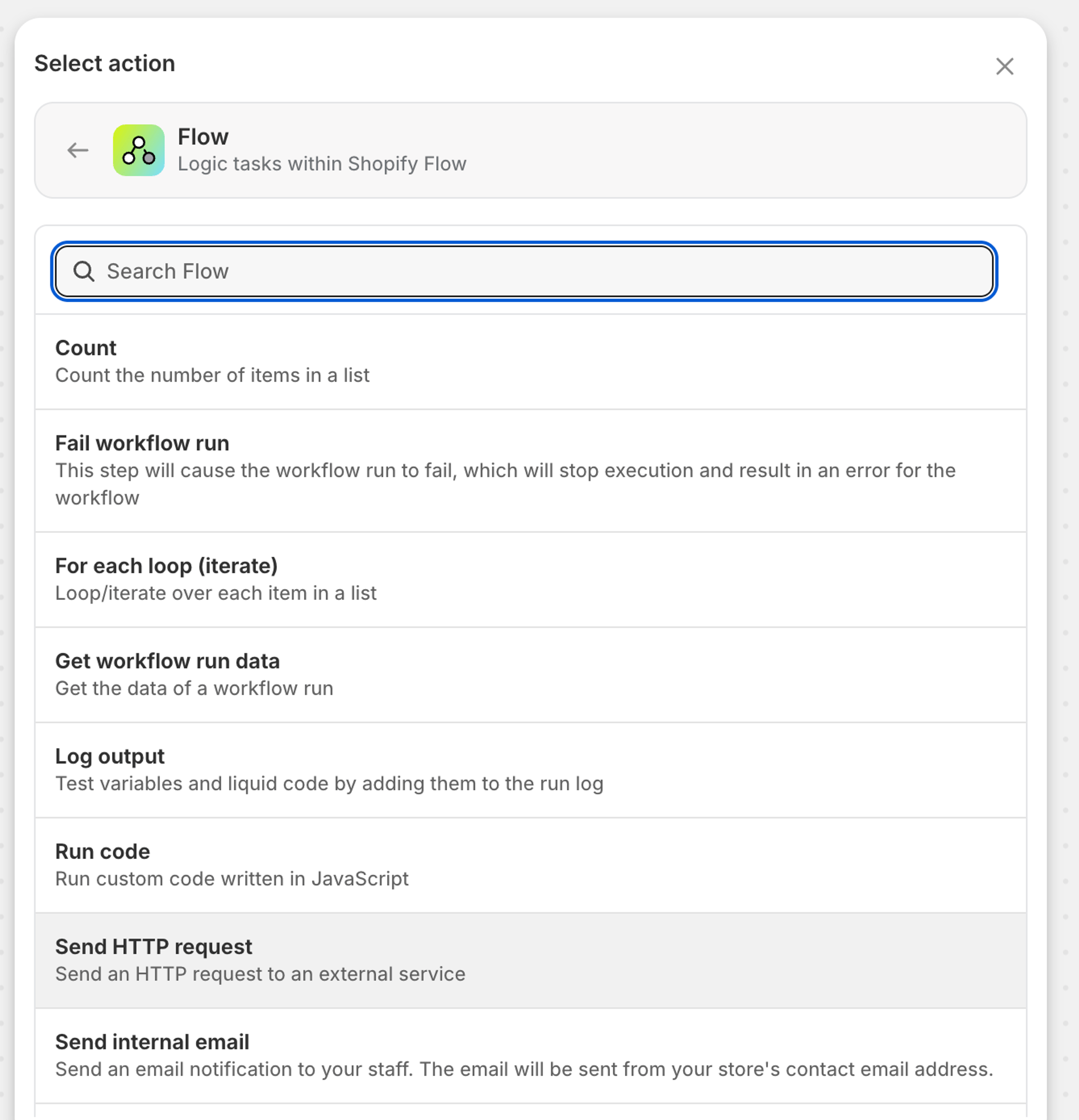 The Send HTTP Request action added to the workflow