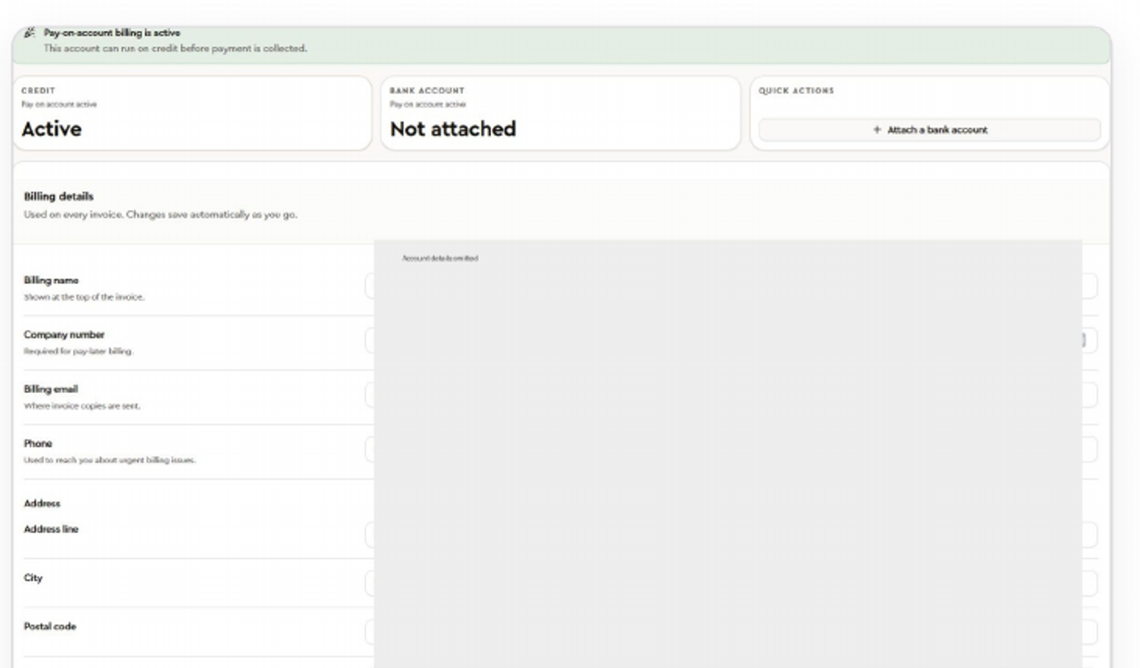 Billing page with pay-on-account status, an unattached bank account, and empty billing detail fields
