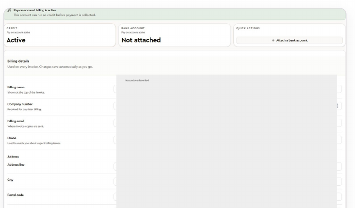Billing page with pay-on-account status, an unattached bank account, and empty billing detail fields