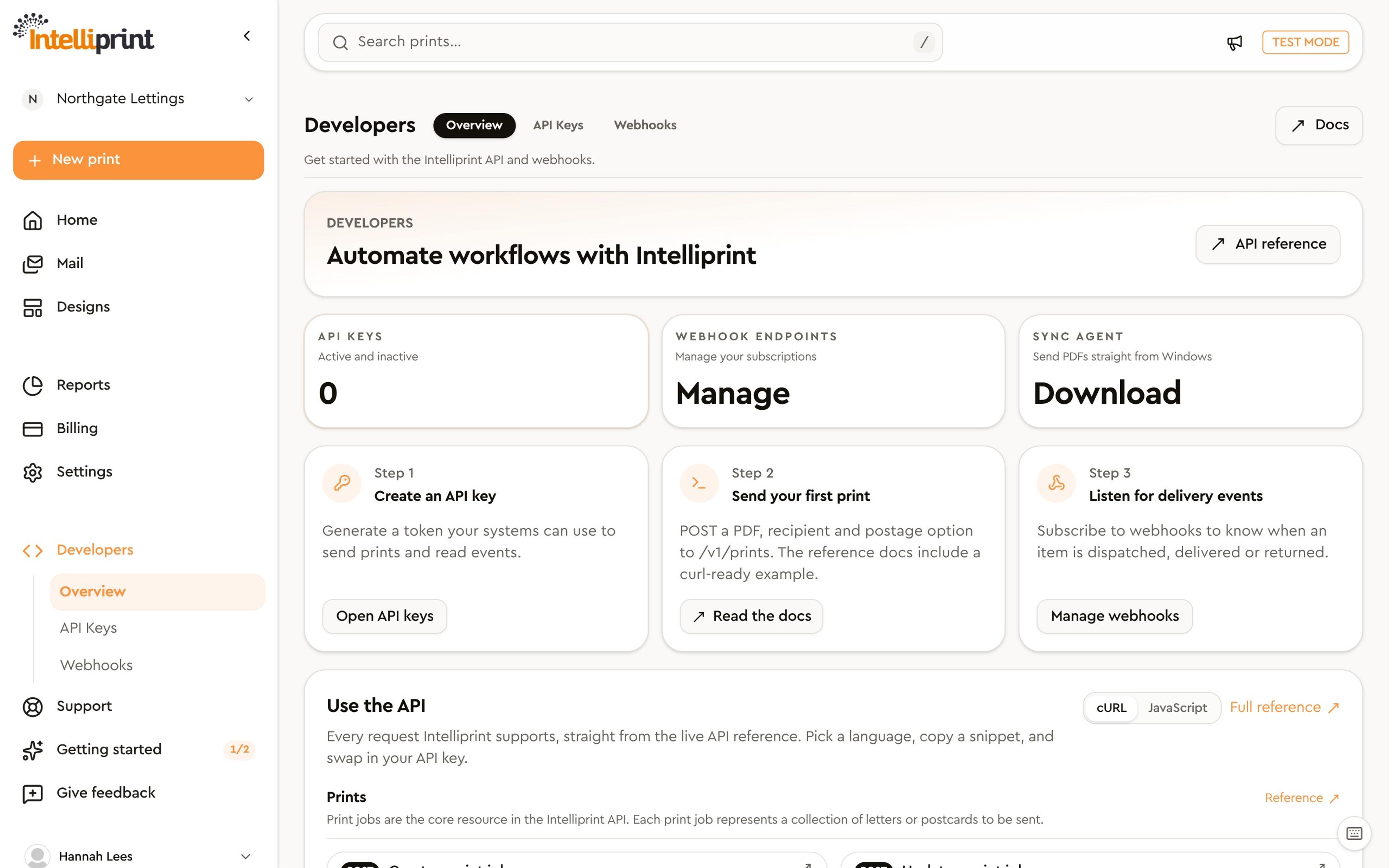 Developers area of the Intelliprint dashboard: API keys, webhooks and the sync agent