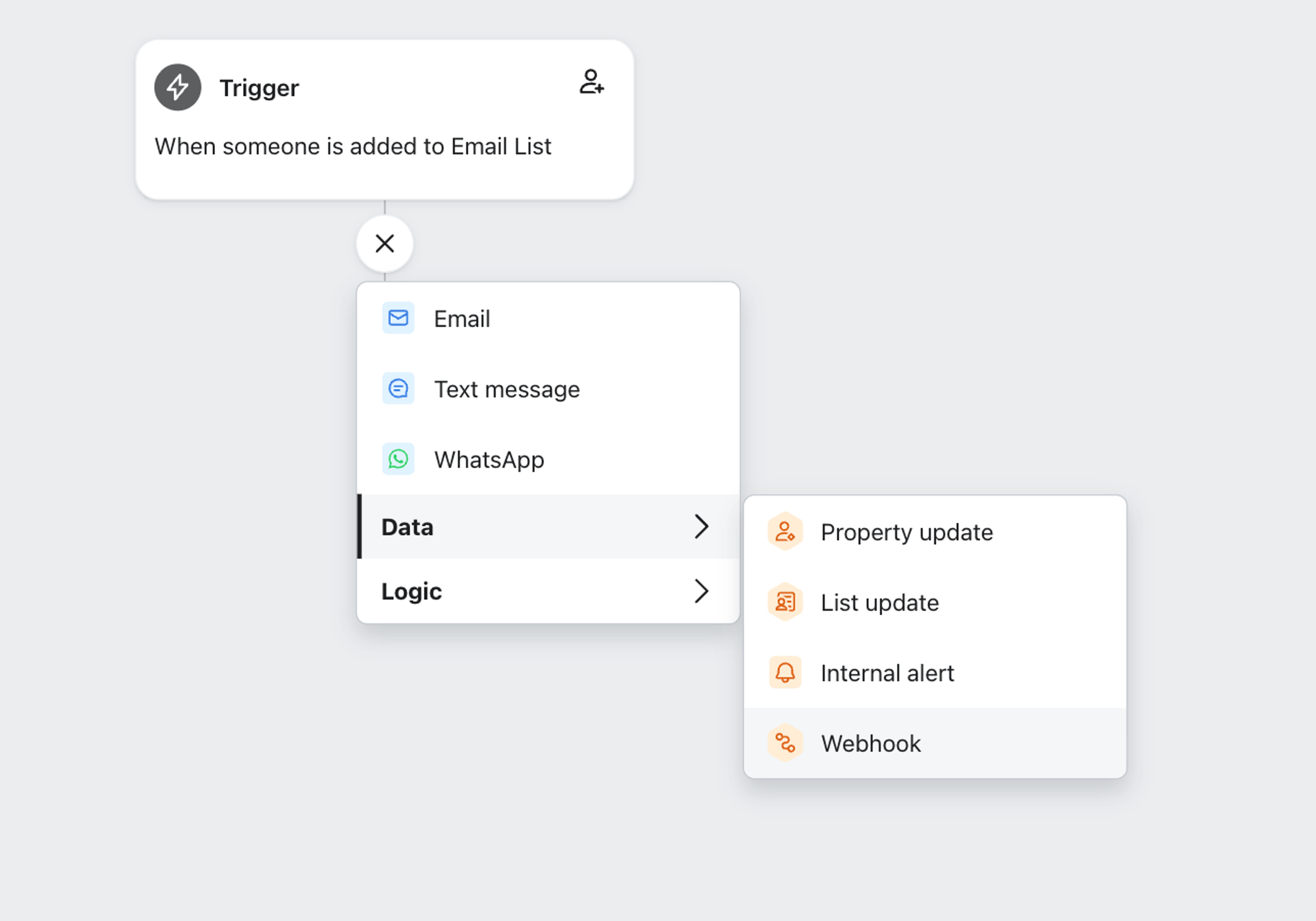 Adding a Webhook step via the Data menu in the Klaviyo Flow Builder