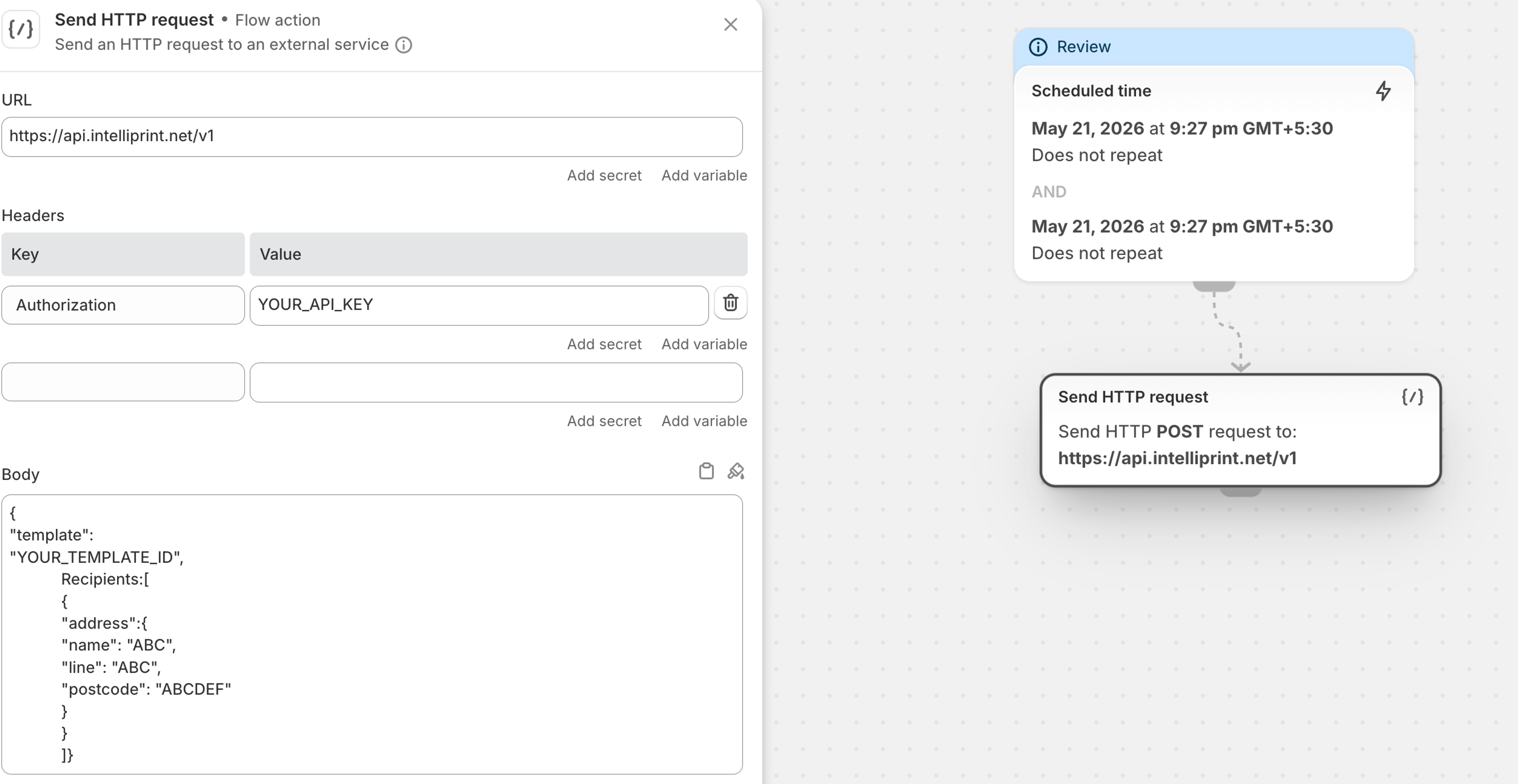 Shopify Flow HTTP Request action configuration panel