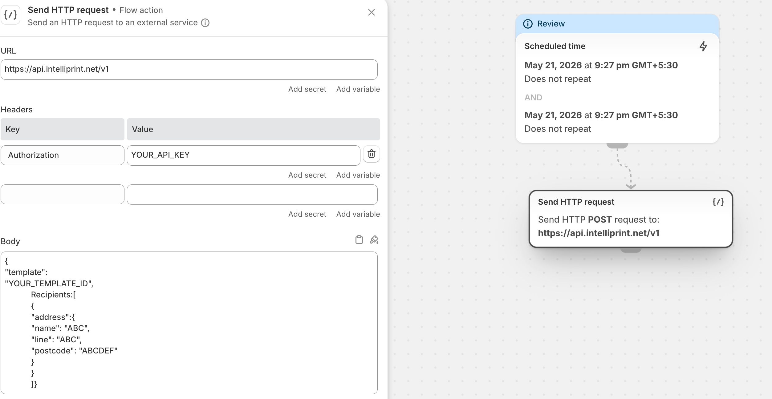 Shopify Flow HTTP Request action configuration panel