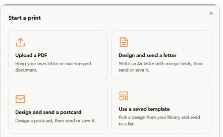 Start a print menu with Upload a PDF, Design and send a letter, Design and send a postcard, and Use a saved template