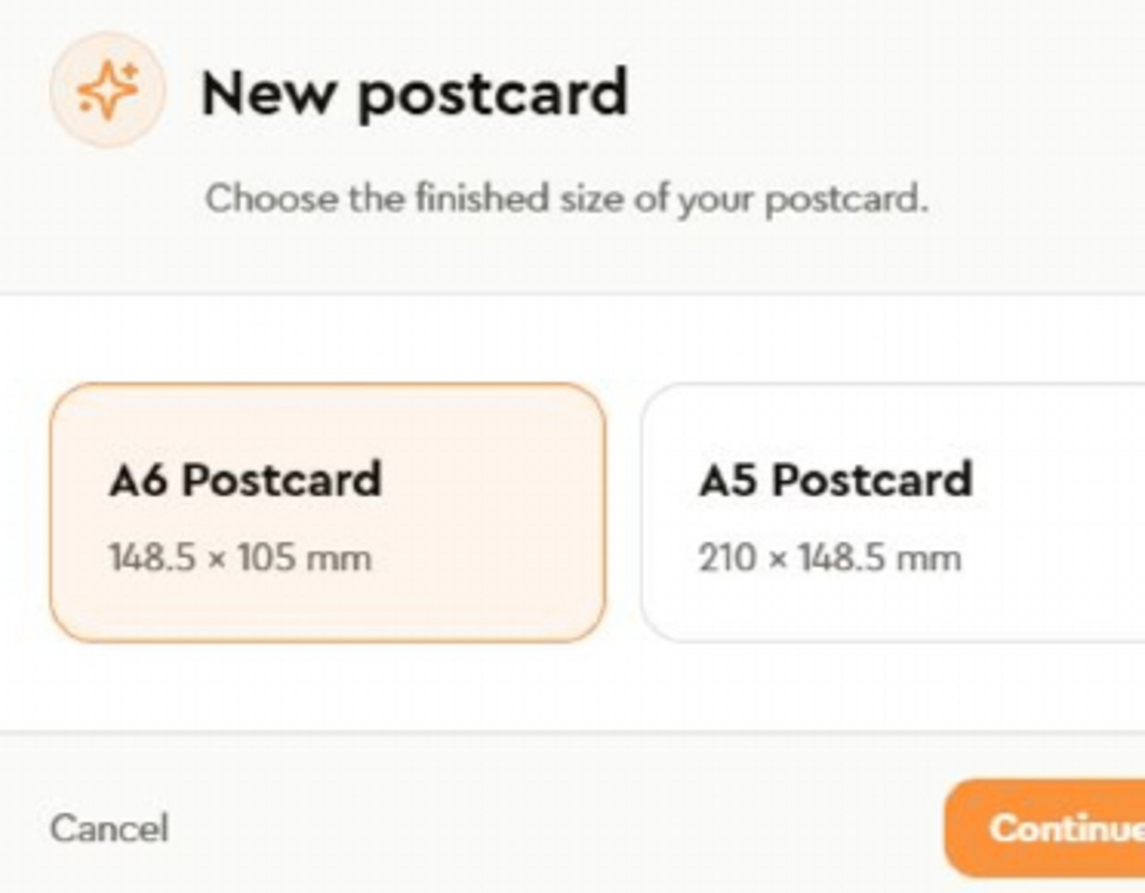 New postcard size step with A6 Postcard and A5 Postcard, and a Continue button