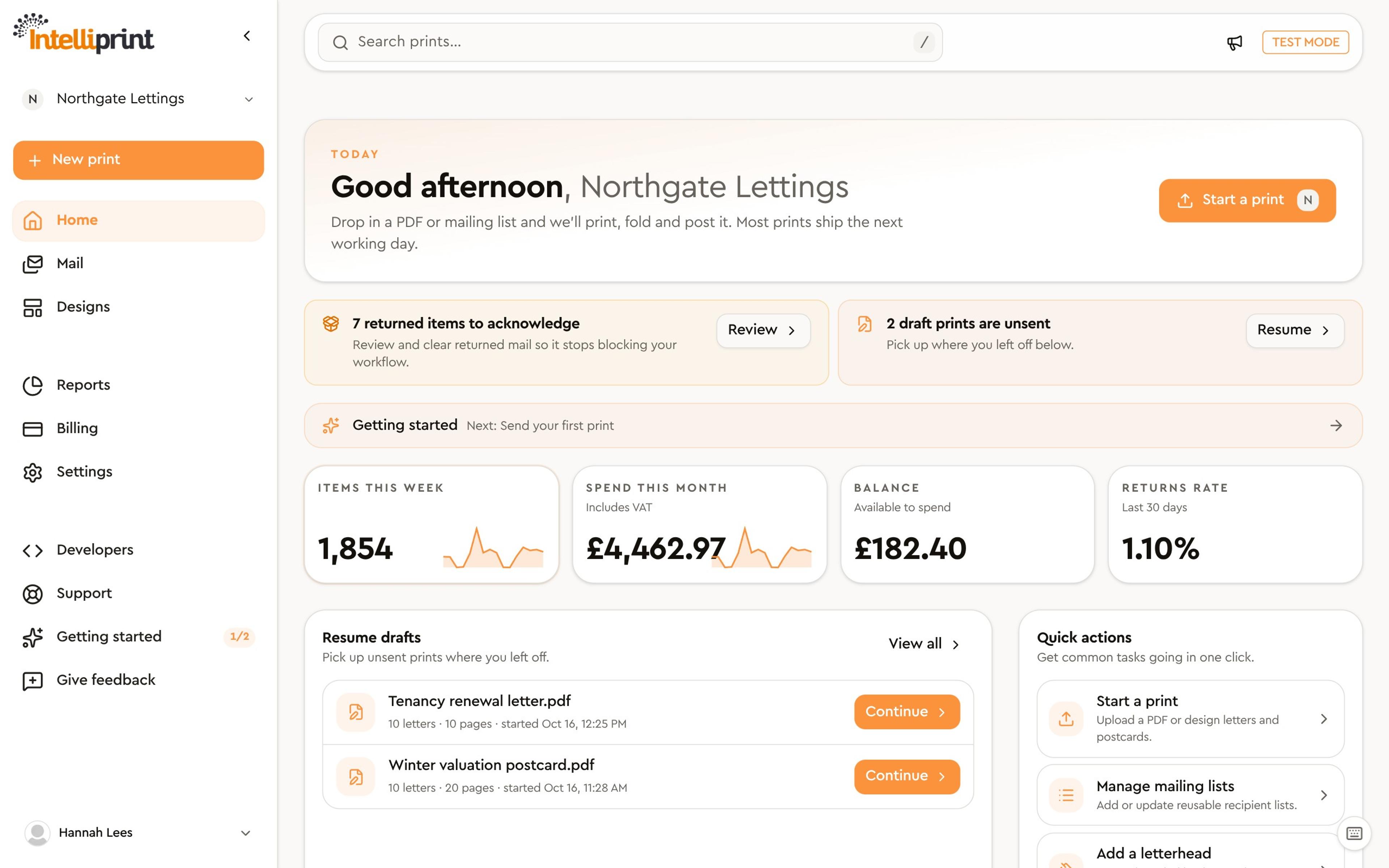 Intelliprint dashboard home with sample data