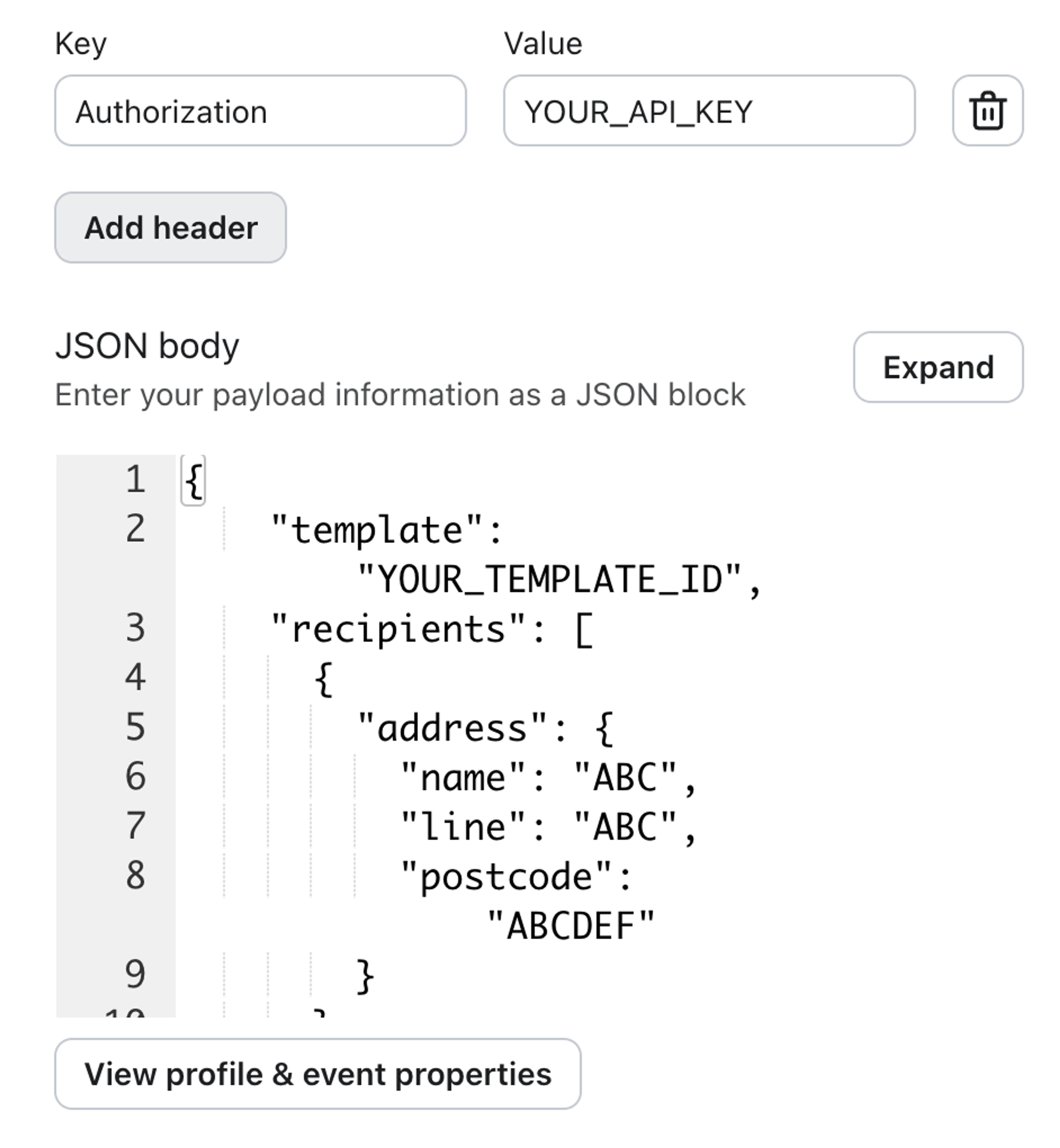 Klaviyo webhook configuration panel showing the Authorization header and JSON body editor