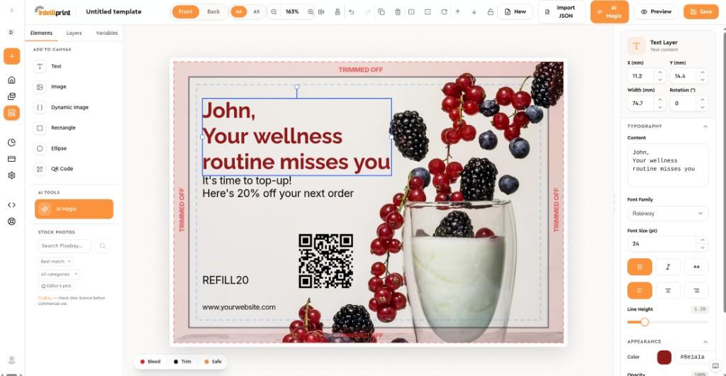 Intelliprint postcard designer showing front canvas with text, image, and QR code, plus typography and layout controls