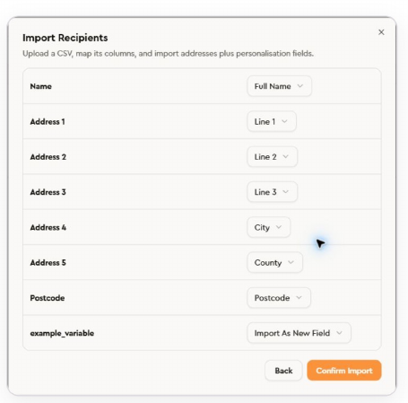Import Recipients column mapping, with Name, Address 1 to 5, Postcode, and a custom column set to Import As New Field
