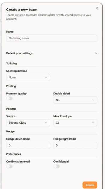 Create a team dialog with default print settings for splitting, premium quality, double sided, postage, envelope, nudge, confirmation email and confidential