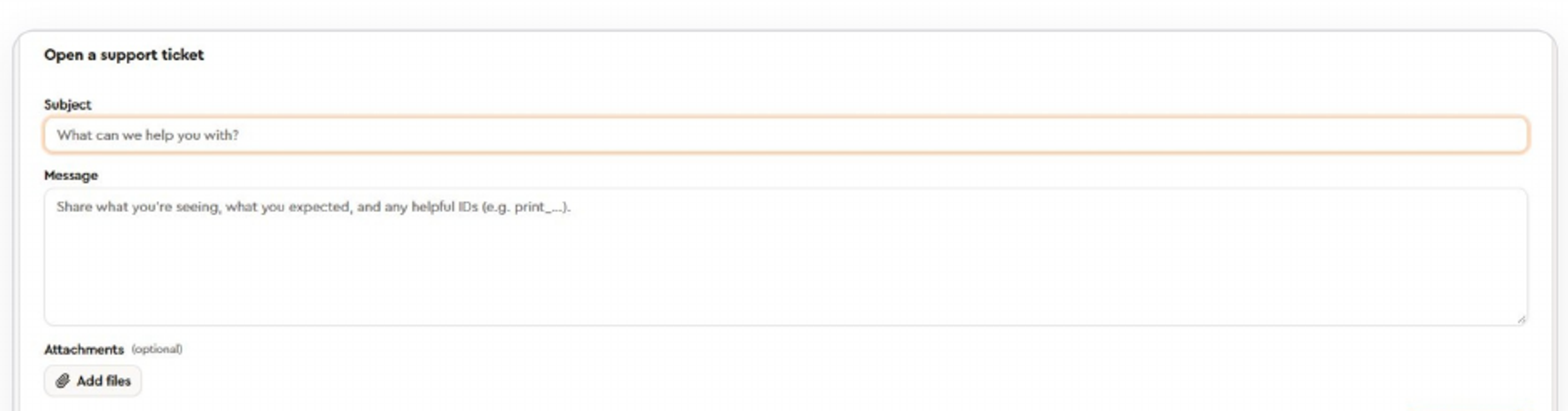 New support ticket form with subject, message and an optional file attachment