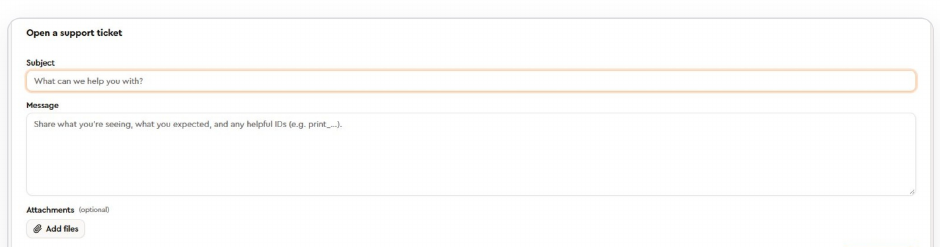 New support ticket form with subject, message and an optional file attachment