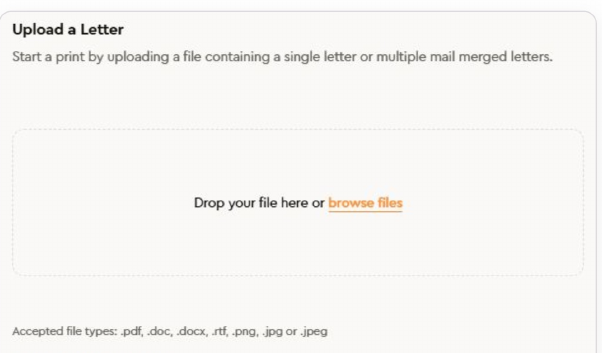 Upload a Letter panel, with a drop area and accepted file types listed underneath