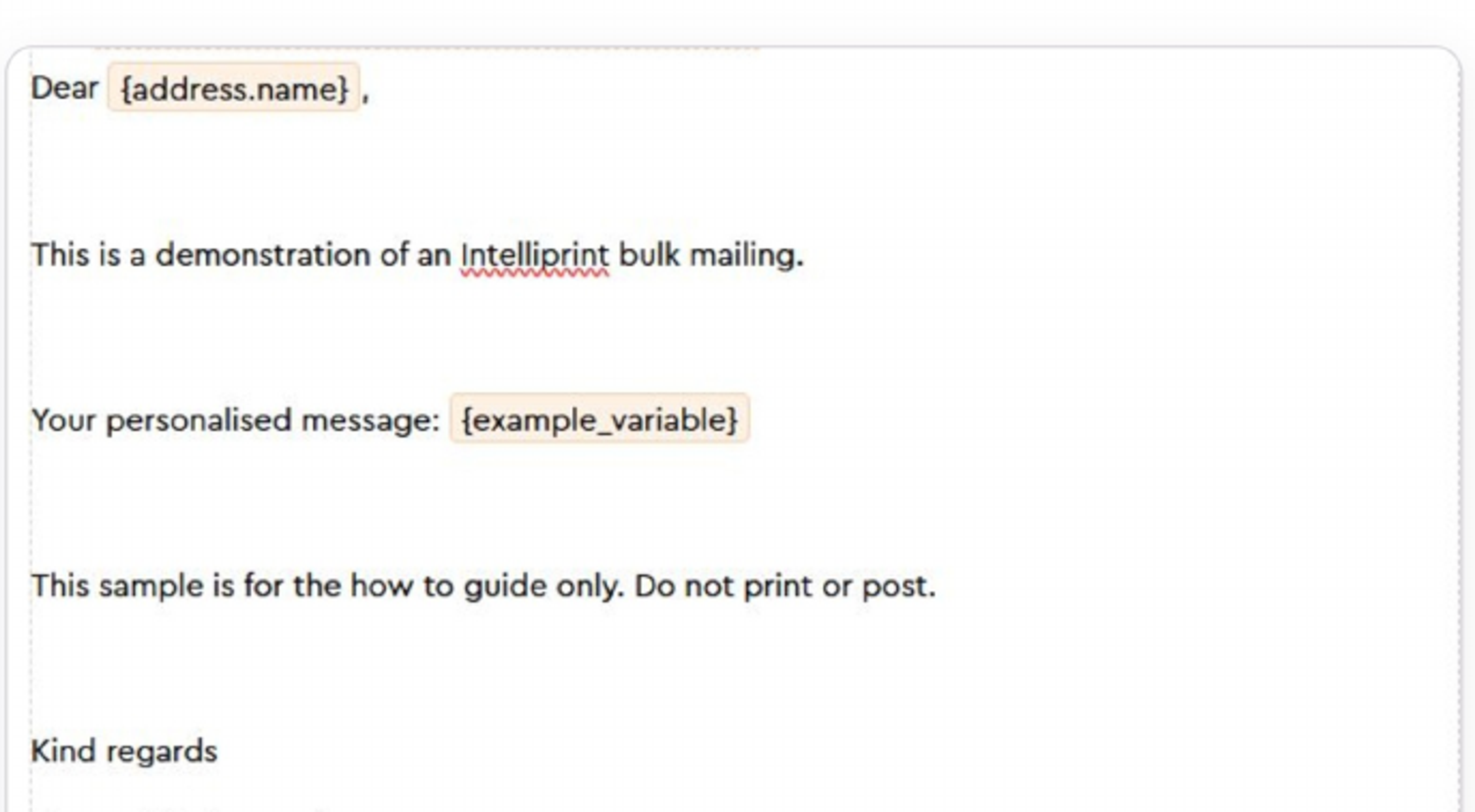 Letter editor showing the merge tokens address.name and example_variable in the body