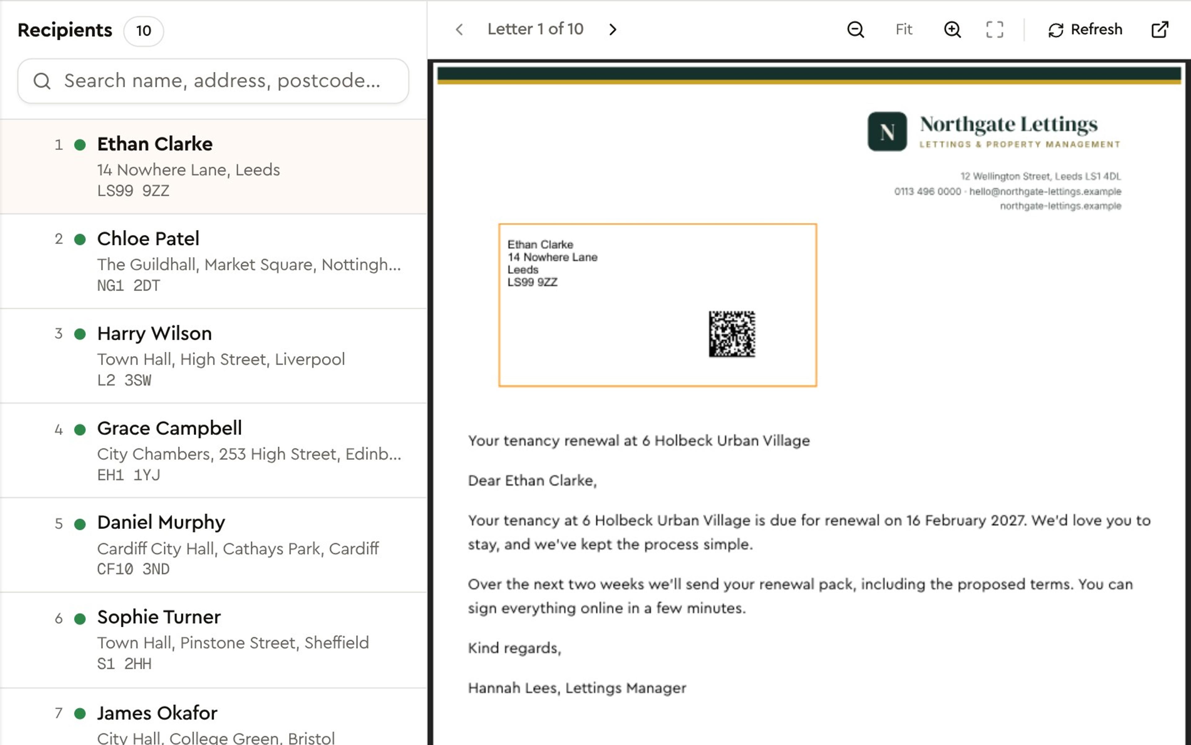 Print draft of a tenancy renewal letter: ten recipients, the letterhead, and the address placed in the envelope window