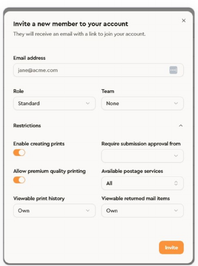 Invite form with email, role, team, and restrictions for creating prints, premium printing, postage, print history and returned mail