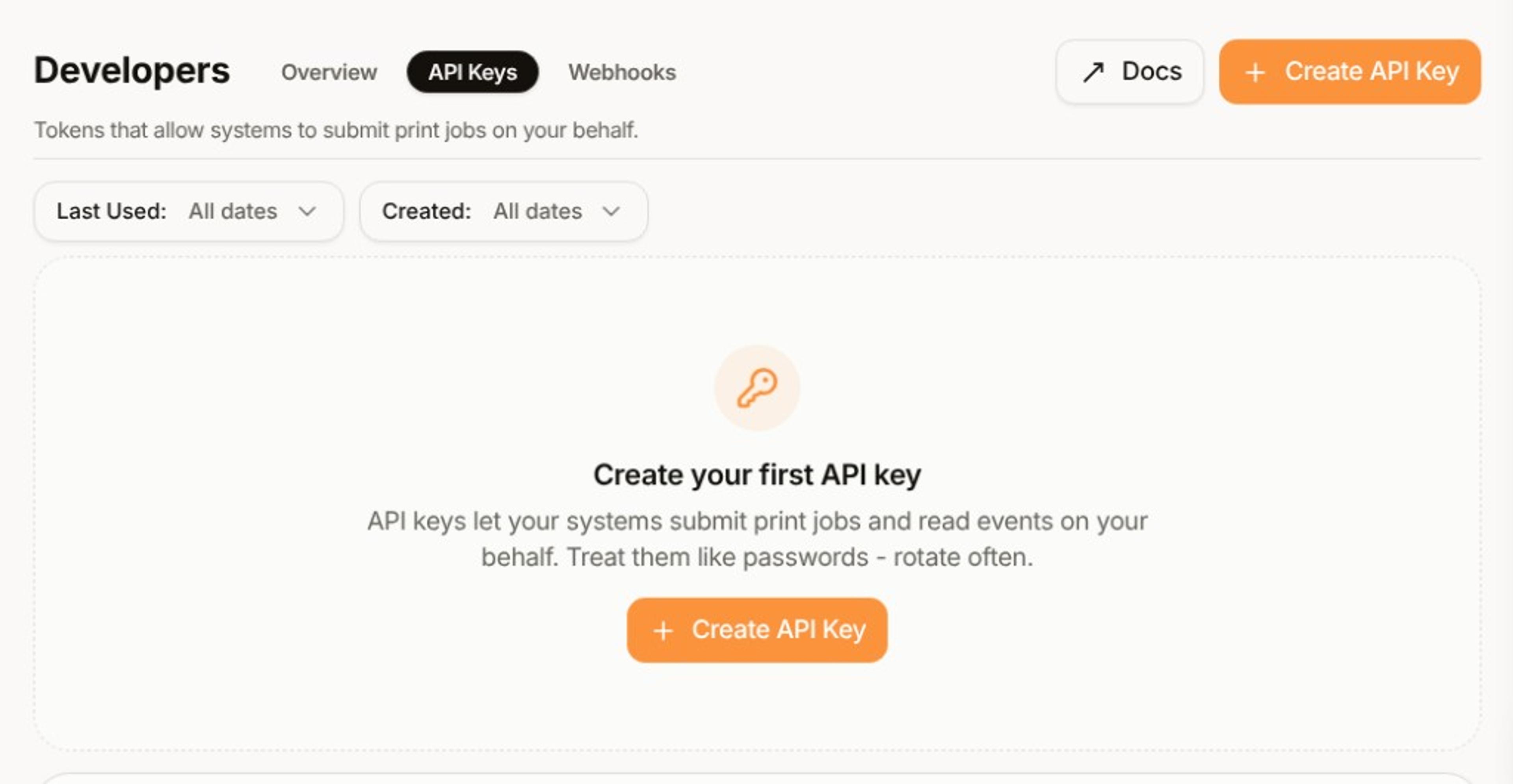 Creating an API key in the Intelliprint dashboard's Developers → API Keys screen