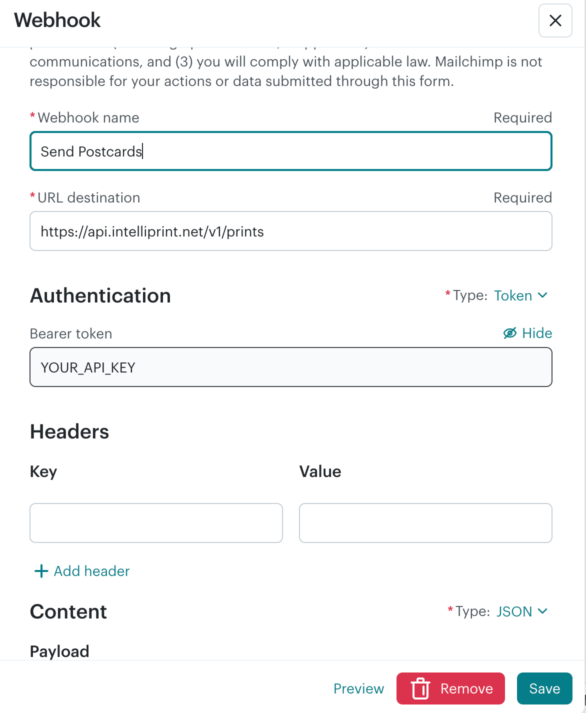 Mailchimp webhook authentication settings with Bearer token type