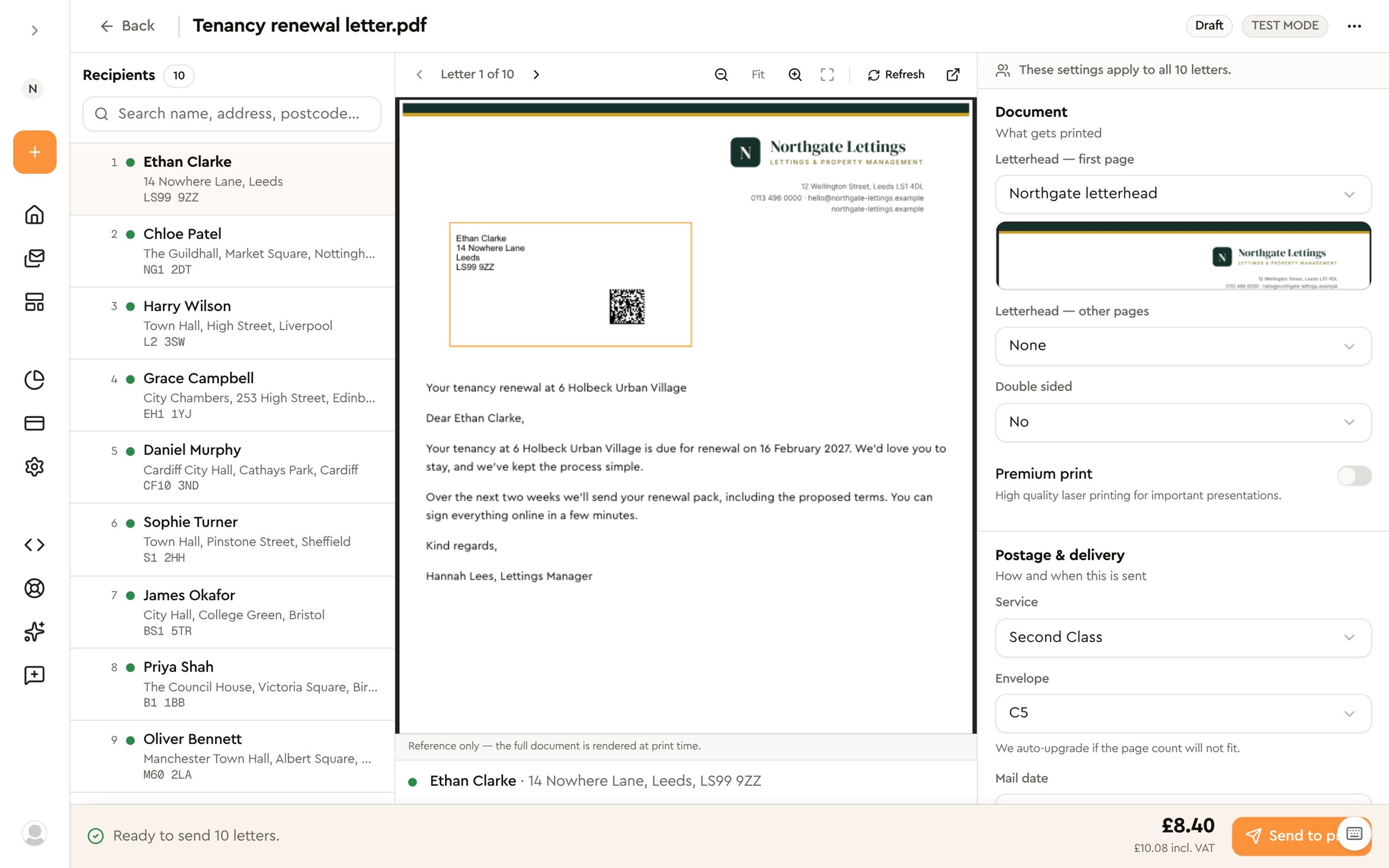Print draft in the Intelliprint dashboard: recipients, letter preview and postage settings