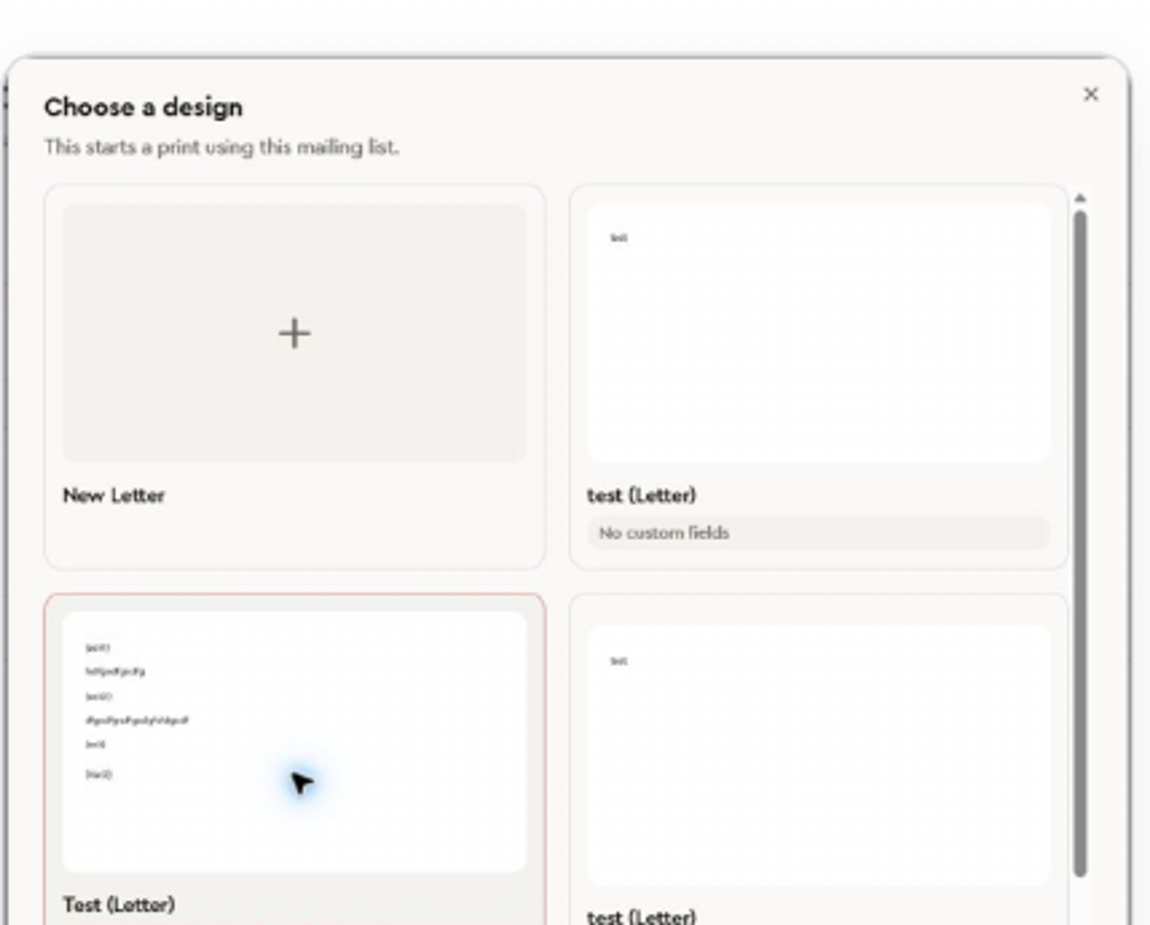 Choose a design dialog with New Letter and saved letter templates for the mailing list