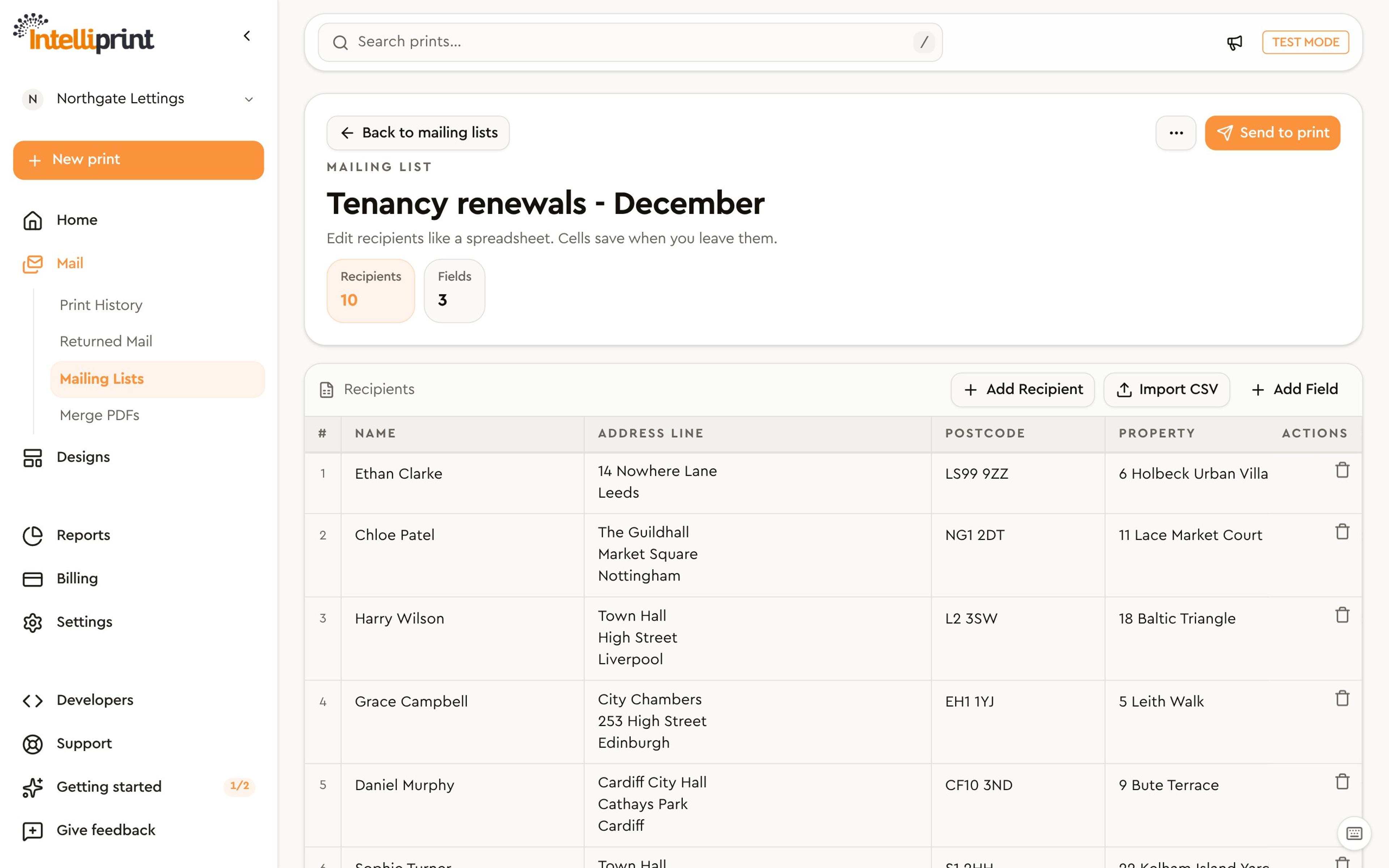 Mailing list in the spreadsheet editor with recipients and personalisation fields