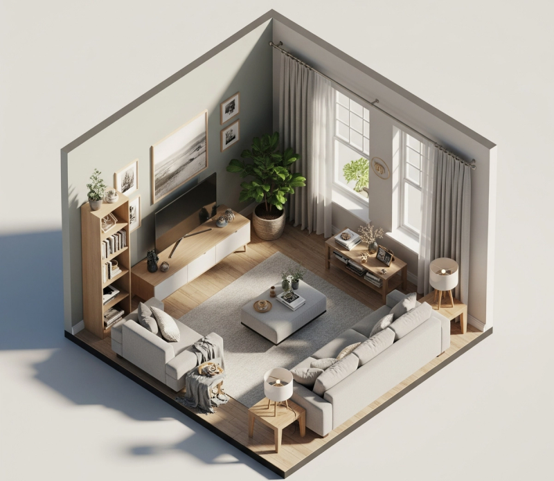 Birds Eye View 3D Image of Living Room