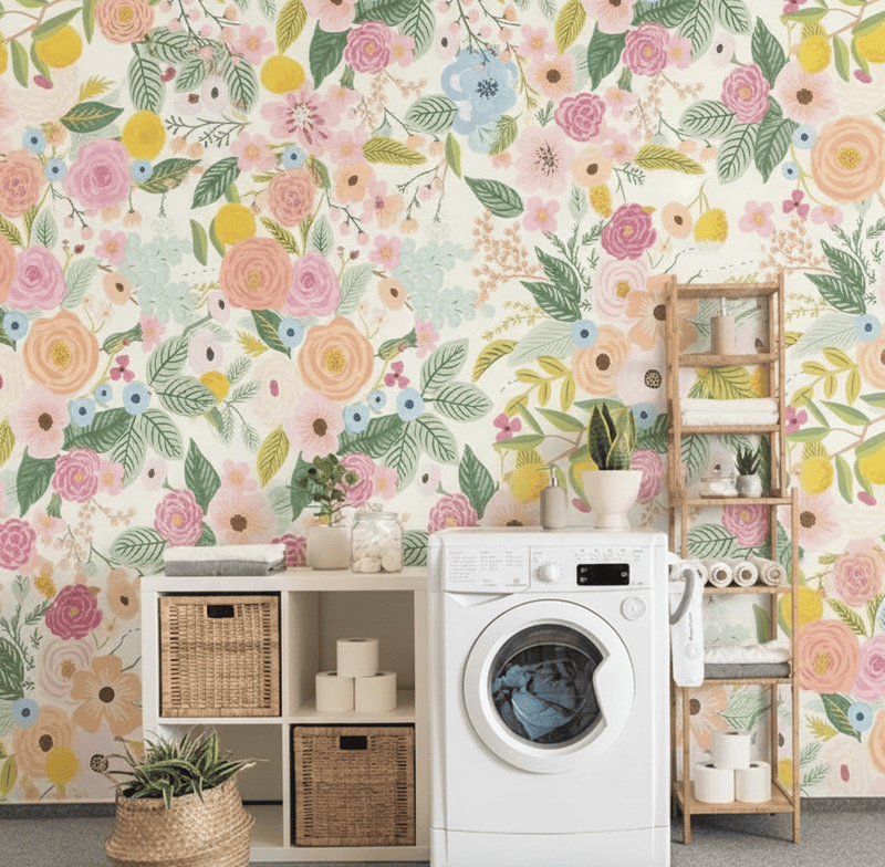 Fourth DIY Laundry Makover Idea: Add Peel-and-Stick Wallpaper to One Wall
