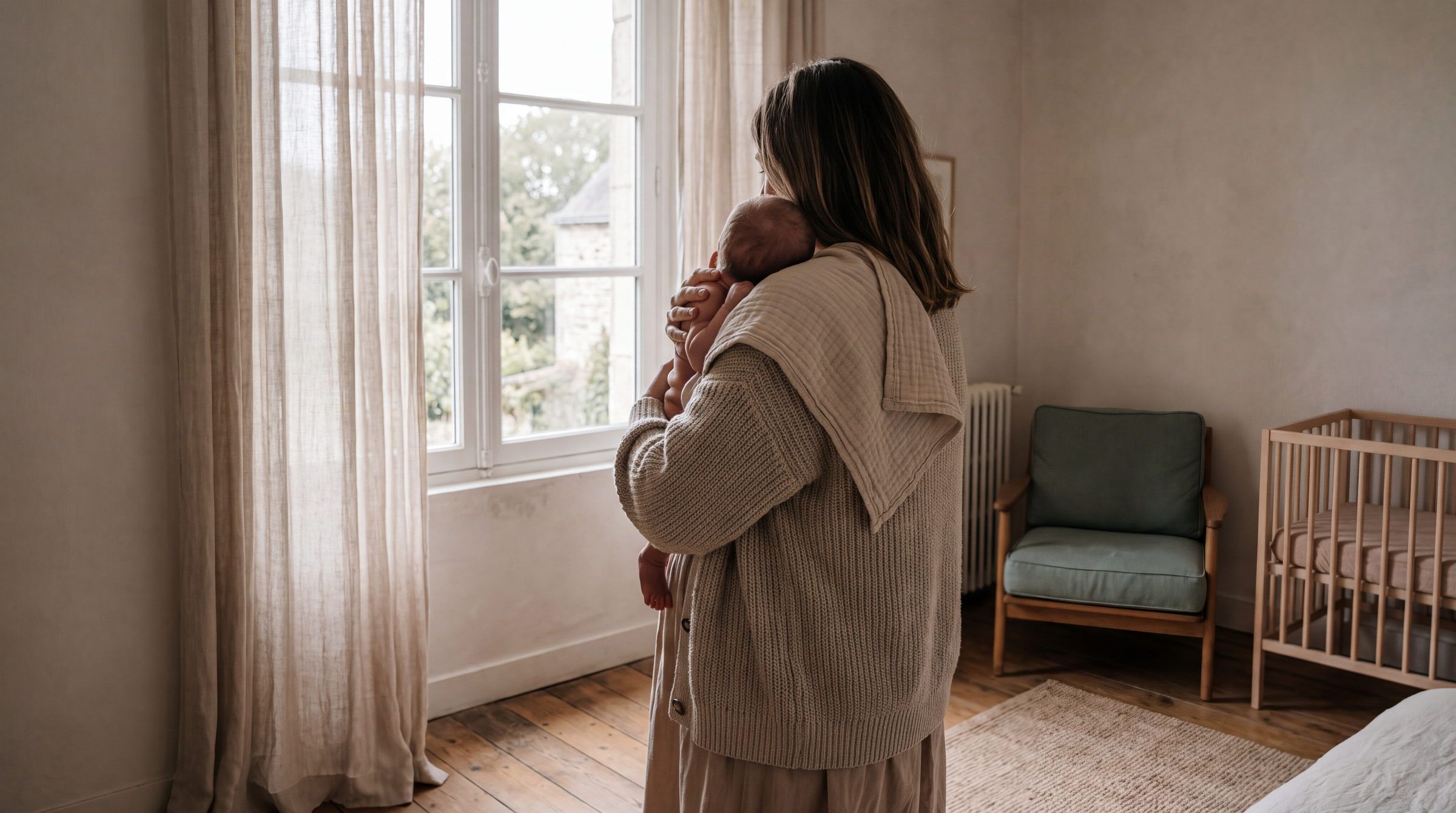 A mother standing at a bedroom window, seen from behind, holding her newborn against her shoulder