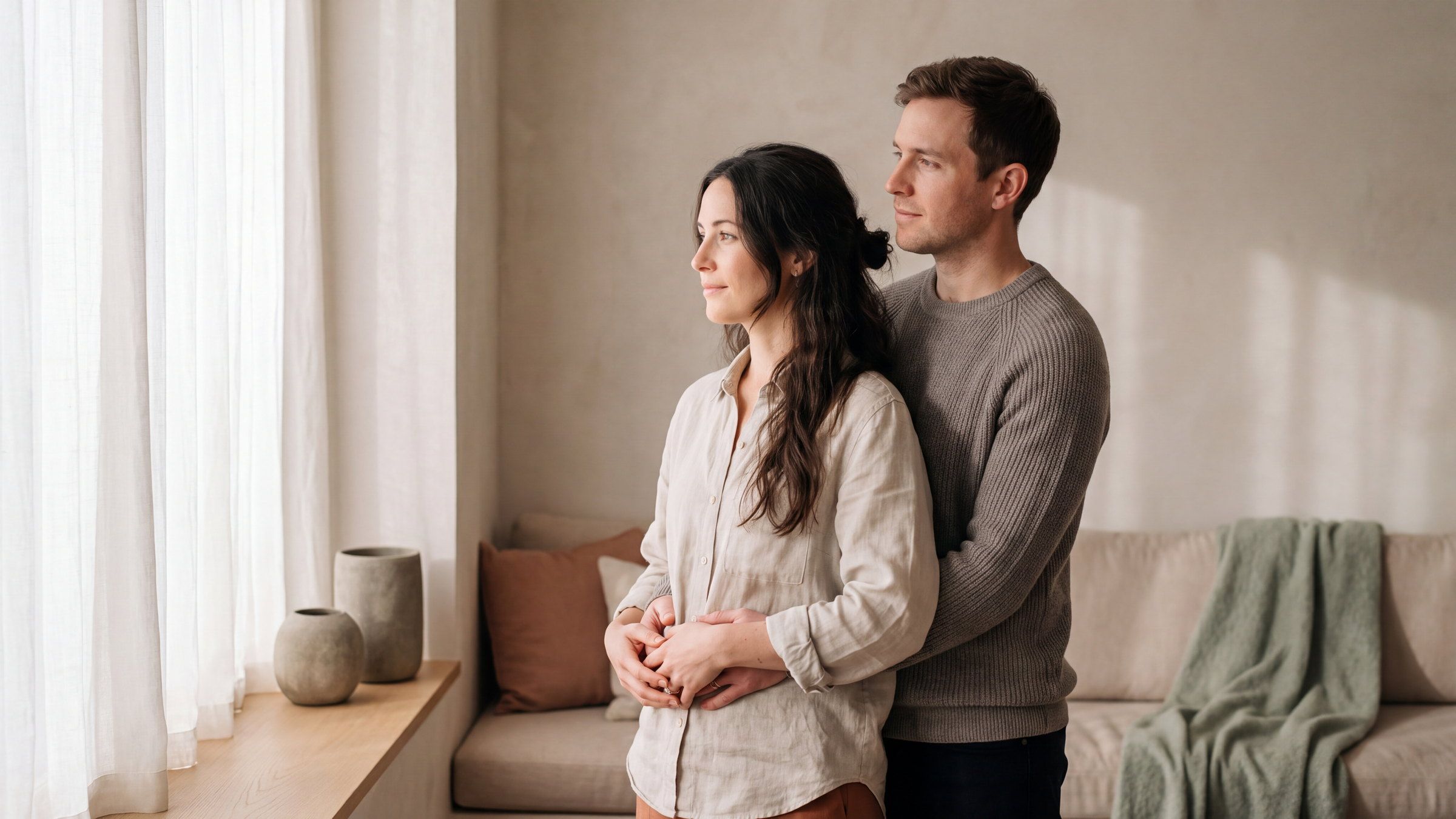 A couple standing close together, arms around each other